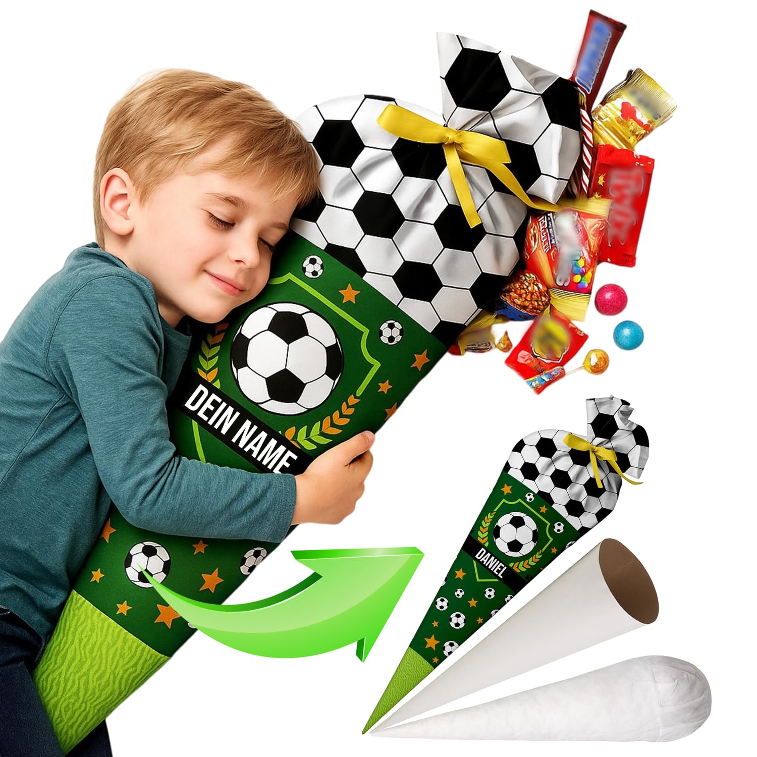 Schultüte Fussball 70 cm personalisierte Zuckertüte aus Stoff mit runde Papprohling und Silikonkügelchen