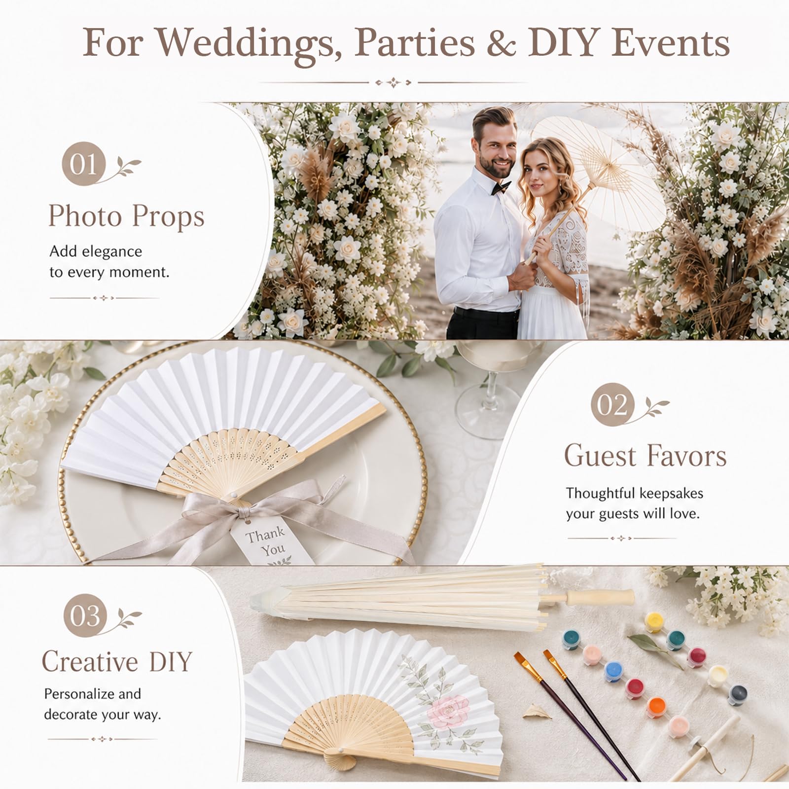16 sombrillas blancas de 60 cm con 16 abanicos de papel para novia e