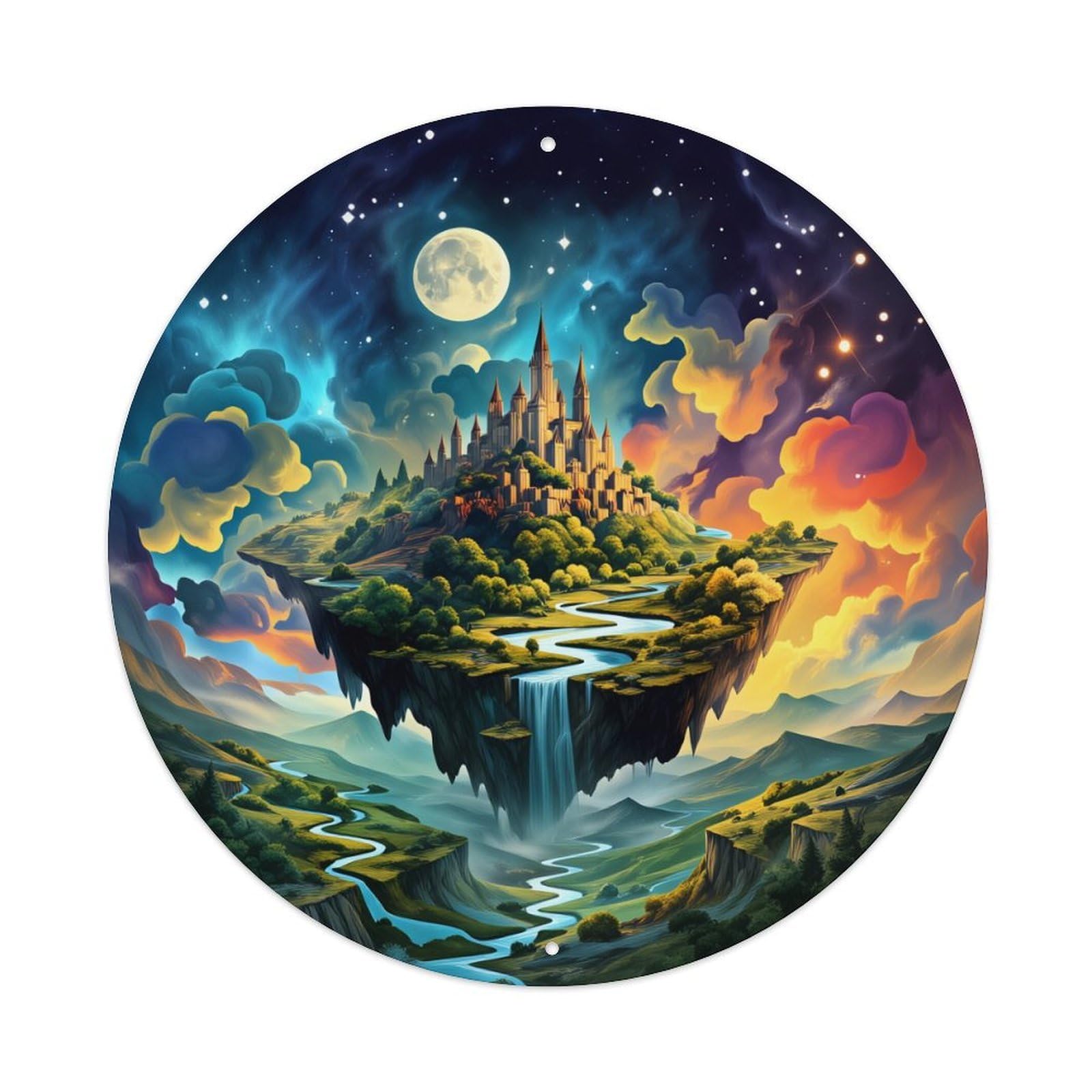 Floating Castle Sky River Moon Round Tin Sign Vintage Metal Poster Retro Bar, Home, Man Cave, Kitchen, Laundry Room Wall Art Decor Gift 8x8Inch