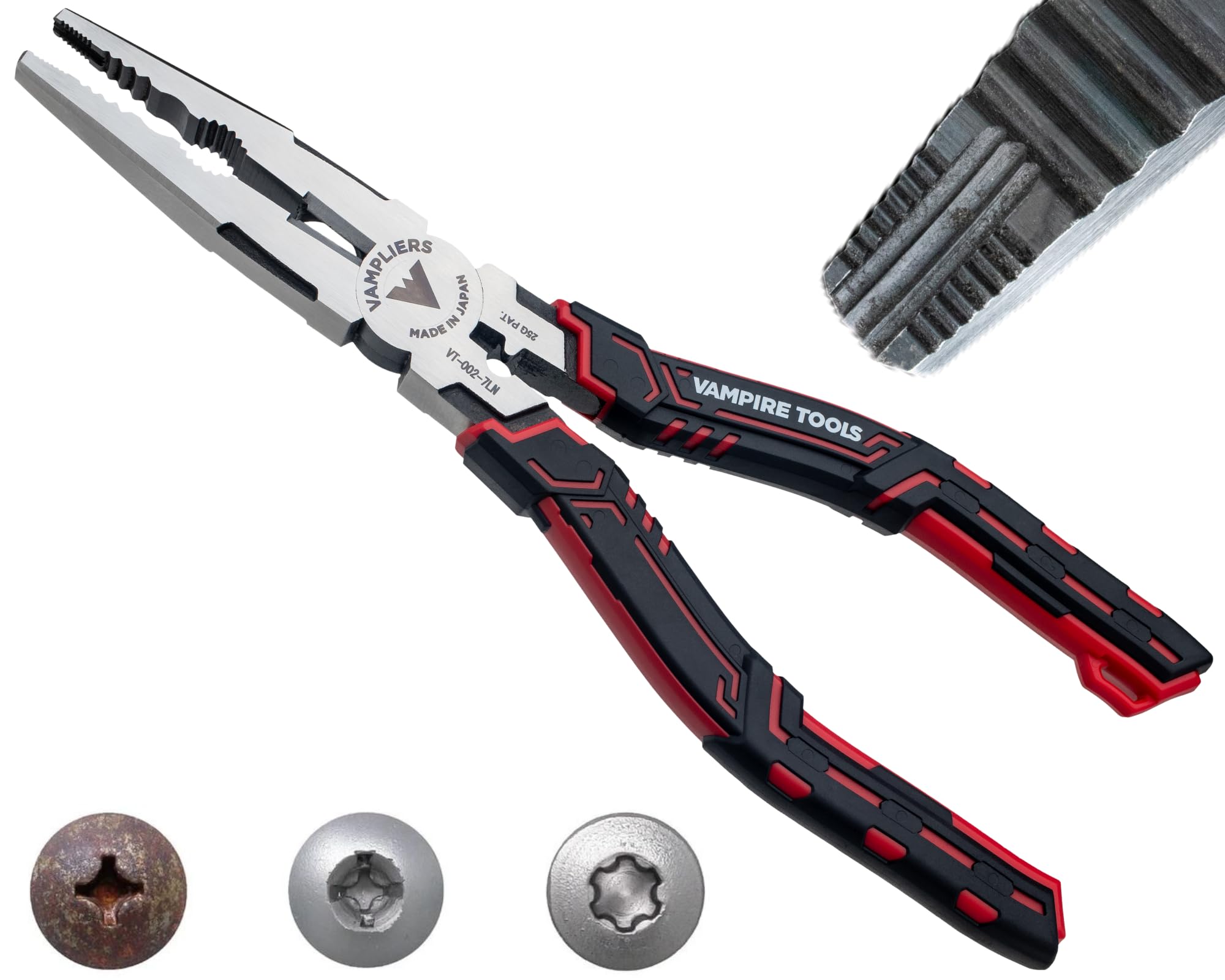 Vampliers Black, Red Caiman 7.5" Stripped Screw Extractor Needle Nose Pliers. Made In Japan. Multipurpose Long Nose Screw Removal Plier With Wire Cutter & Crimper