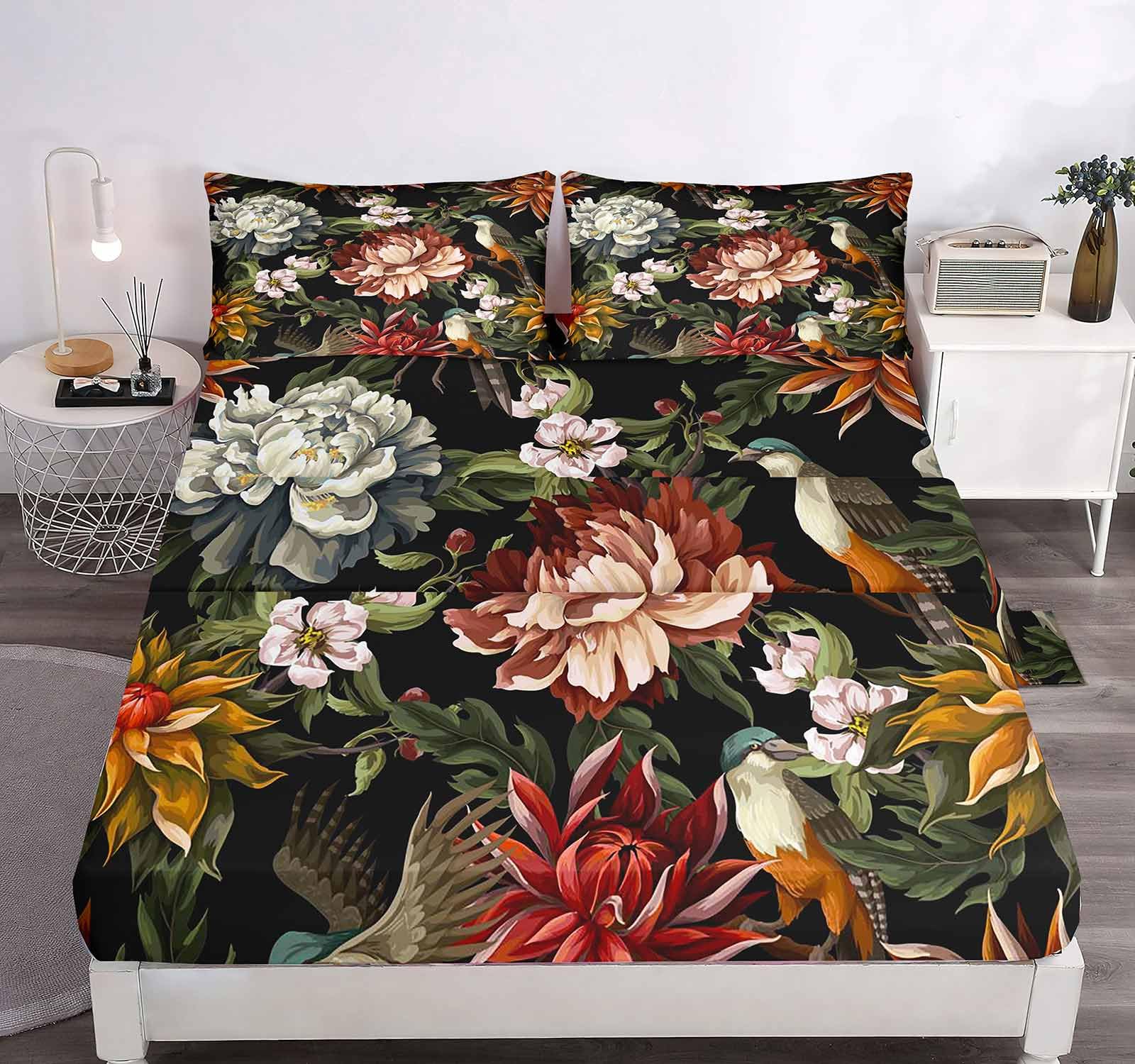 LUVIVIHOME 4PCS Vintage Floral Sheets Set, King Bed Sheets, Black Sheets, White Red Peony Rose Green Botanical Bird Retro Flower Shabby Chic Bedding,