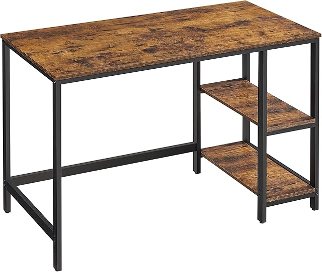 VASAGLE Computer Desk, Writing Desk with 2 Shelves on Left or Right, Work Table for Office Living Room, Steel Frame, Industrial, Rustic Brown and Black LWD47X