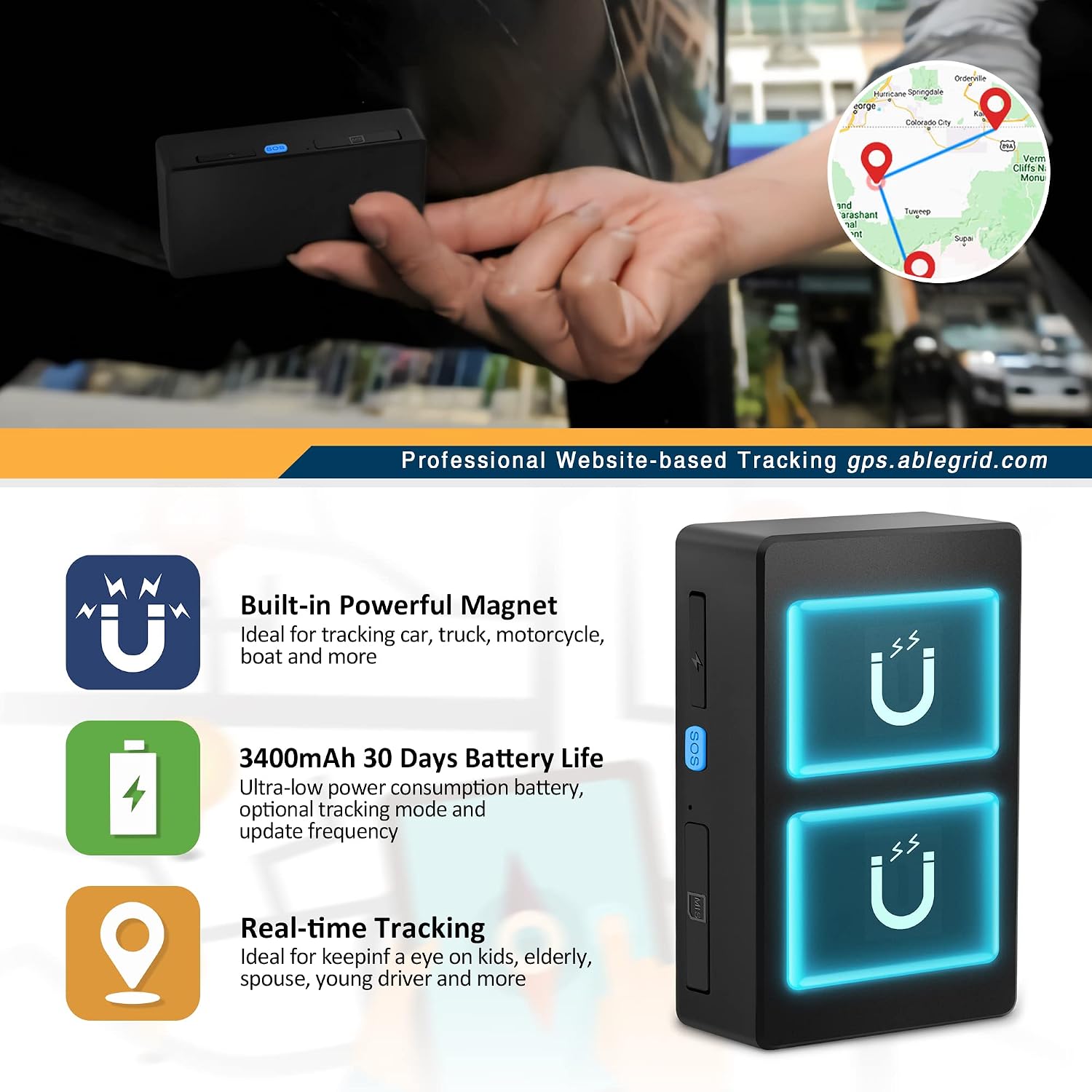 AT&T Certified ABLEGRID GPS Tracker for Vehicles 4G Real-time Waterproof GPS Tracking Device 3400mAh 30 Days Hidden GPS Locator for Car