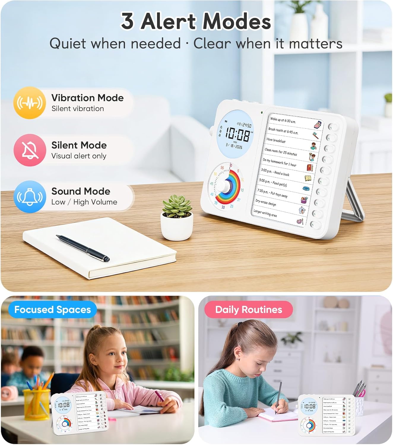 3-in-1 Visual Timer & ADHD Tool for Kids – ADHD Task Timer for Adults with Visual Schedule, Chore Chart & Planning Board for Home, School, Classroom, Work (White)