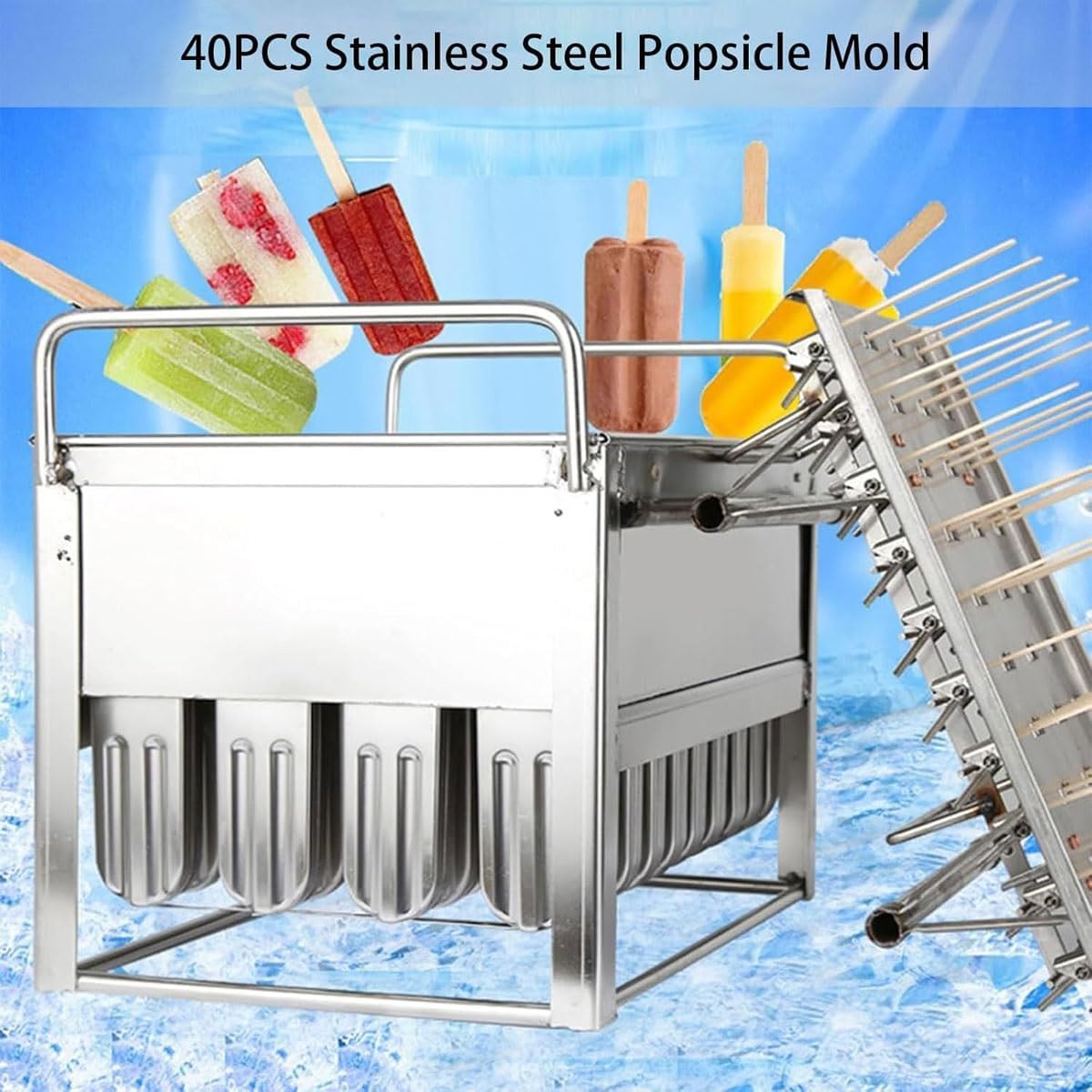 Juego de 40 moldes de helado, moldes reutilizables de acero inoxidable para helados y postres de congelación rápida, moldes trenzados para hacer paletas y paletas