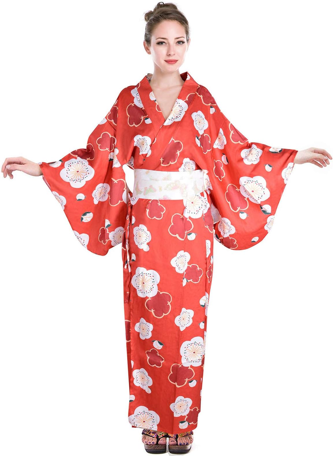 Women's Sexy Yukata Kimono Dress Satin Sakura Pattern Traditional Bathrobe Cosplay Costume Long Robe 51" Red