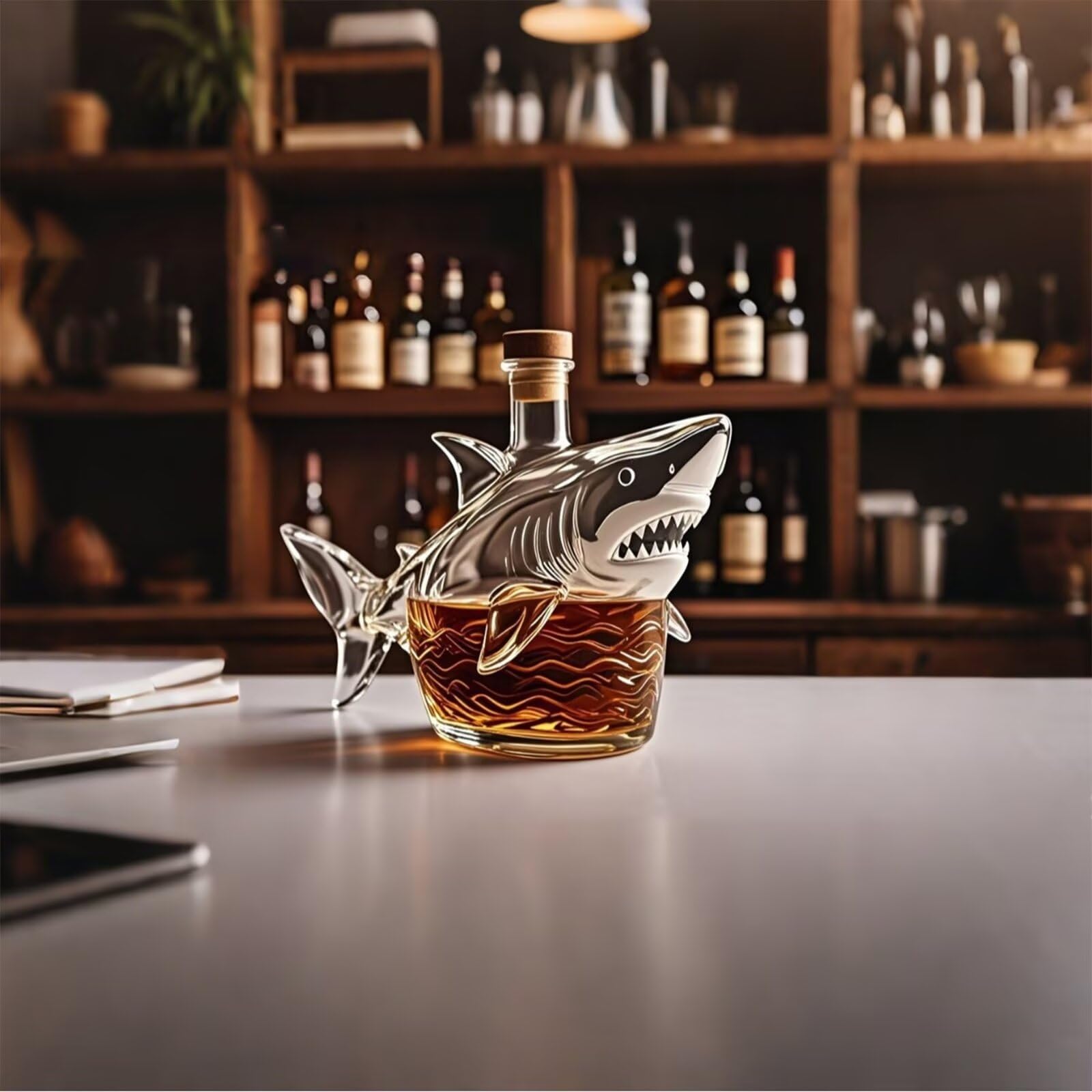 300 ml Karafka do whisky - rzeźba artystyczna, karafka do wina i whisky 3D w kształcie rekina, ręcznie dmuchana szklana rzeźba, odporny na wyciek dekoracyjny prezent (shark+4 kubki)