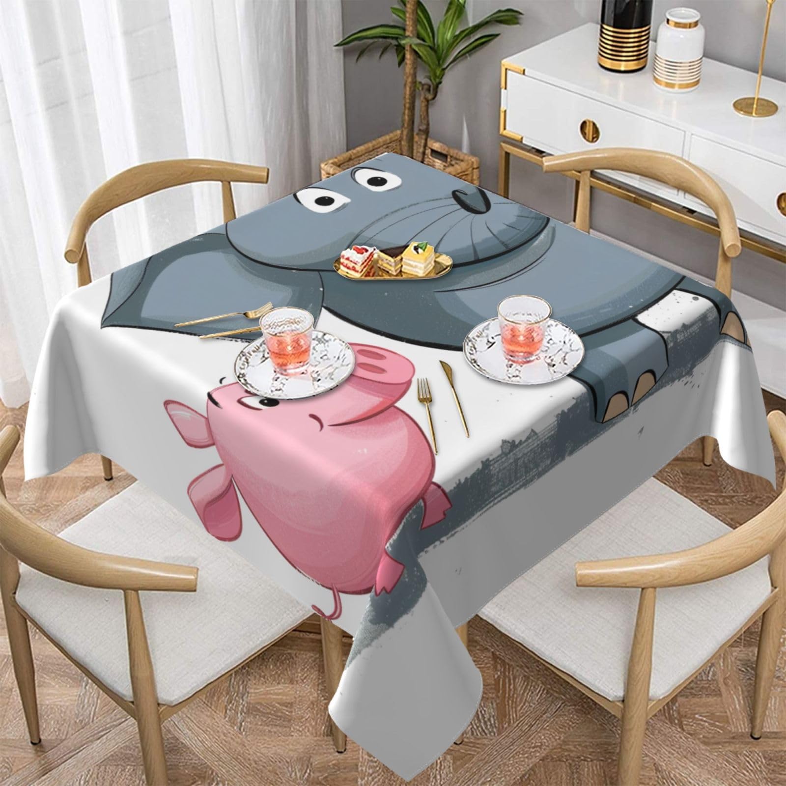 WPKJU Elephant and Piggie Printed Square Tablecloth 54x54 inch Water Resistant Table Cover Washable Rectangle Table Cloth for Dining Tables