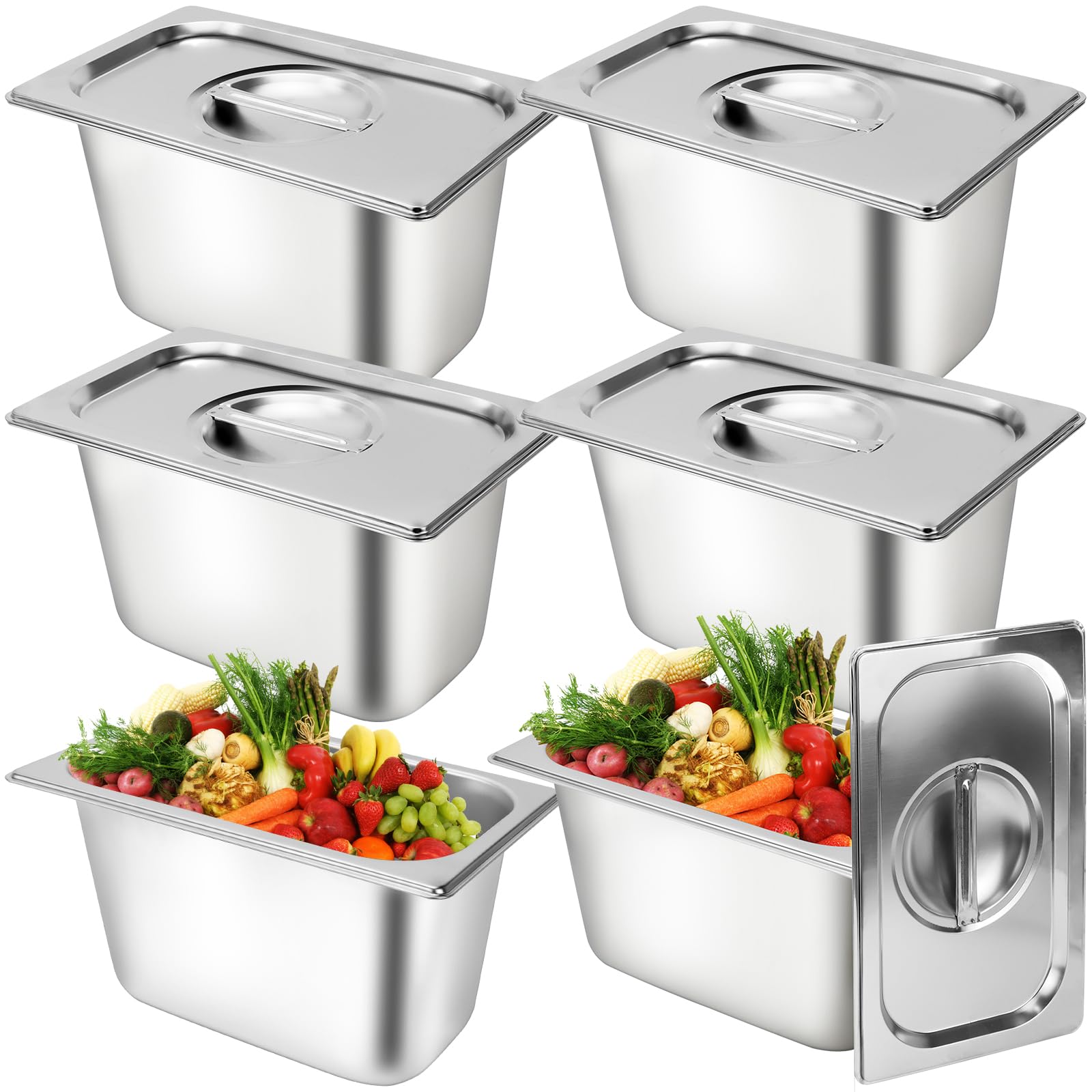 Lot de 6 Bacs Gastronormes GN 1/4 avec Couvercles – Bacs GN Professionnels en Acier Inoxydable Profondeur 150 mm – Plat Inox Empilables pour Buffet, Chafing Dish, Restaurant et Traiteur