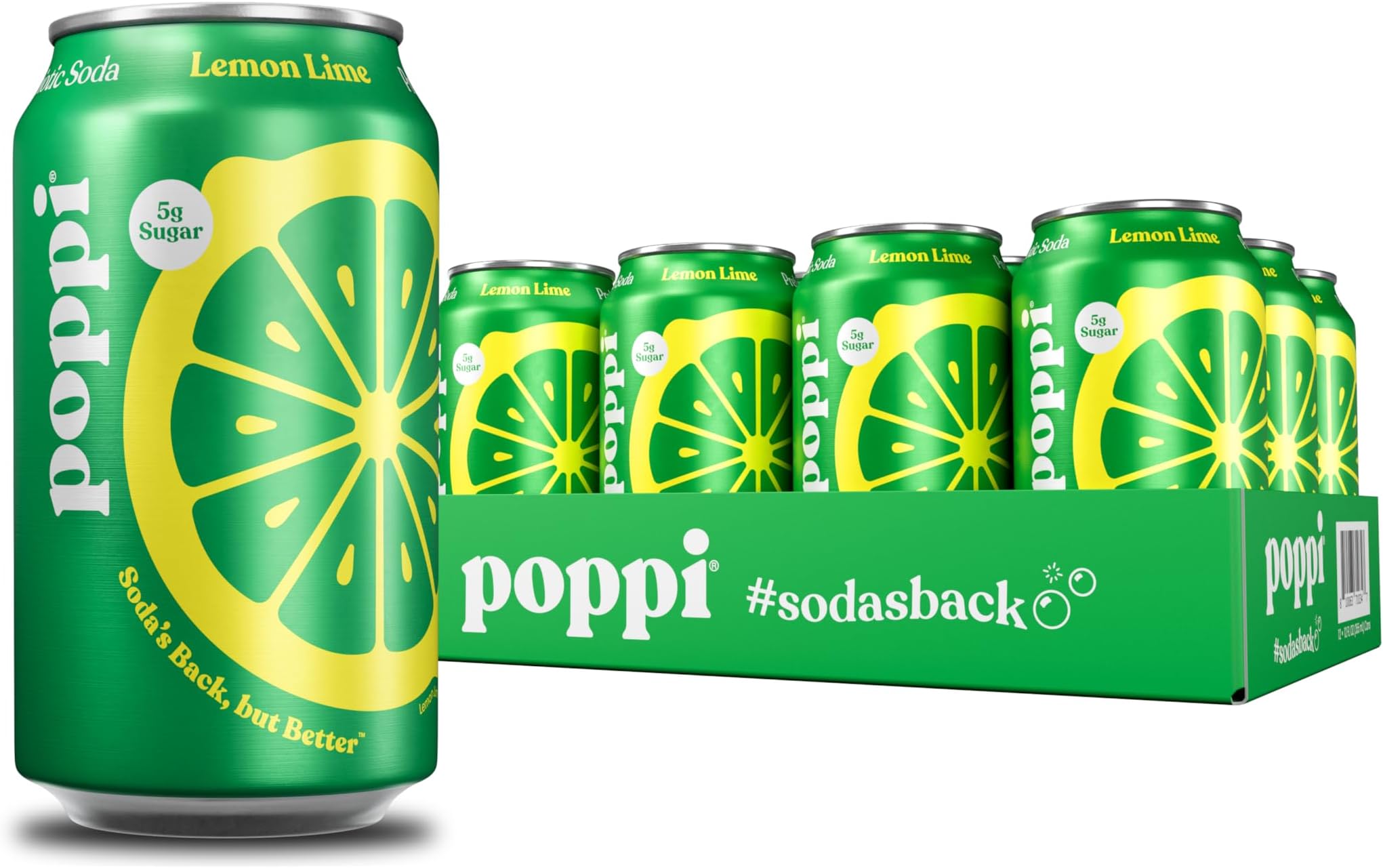 Poppi Sparkling Prebiotic Soda Beverage with Apple Cider Vinegar, Seltzer Water and Fruit Juice, Lemon Lime Flavor, 12 Fl Oz, Pack of 12, Packaging May Vary