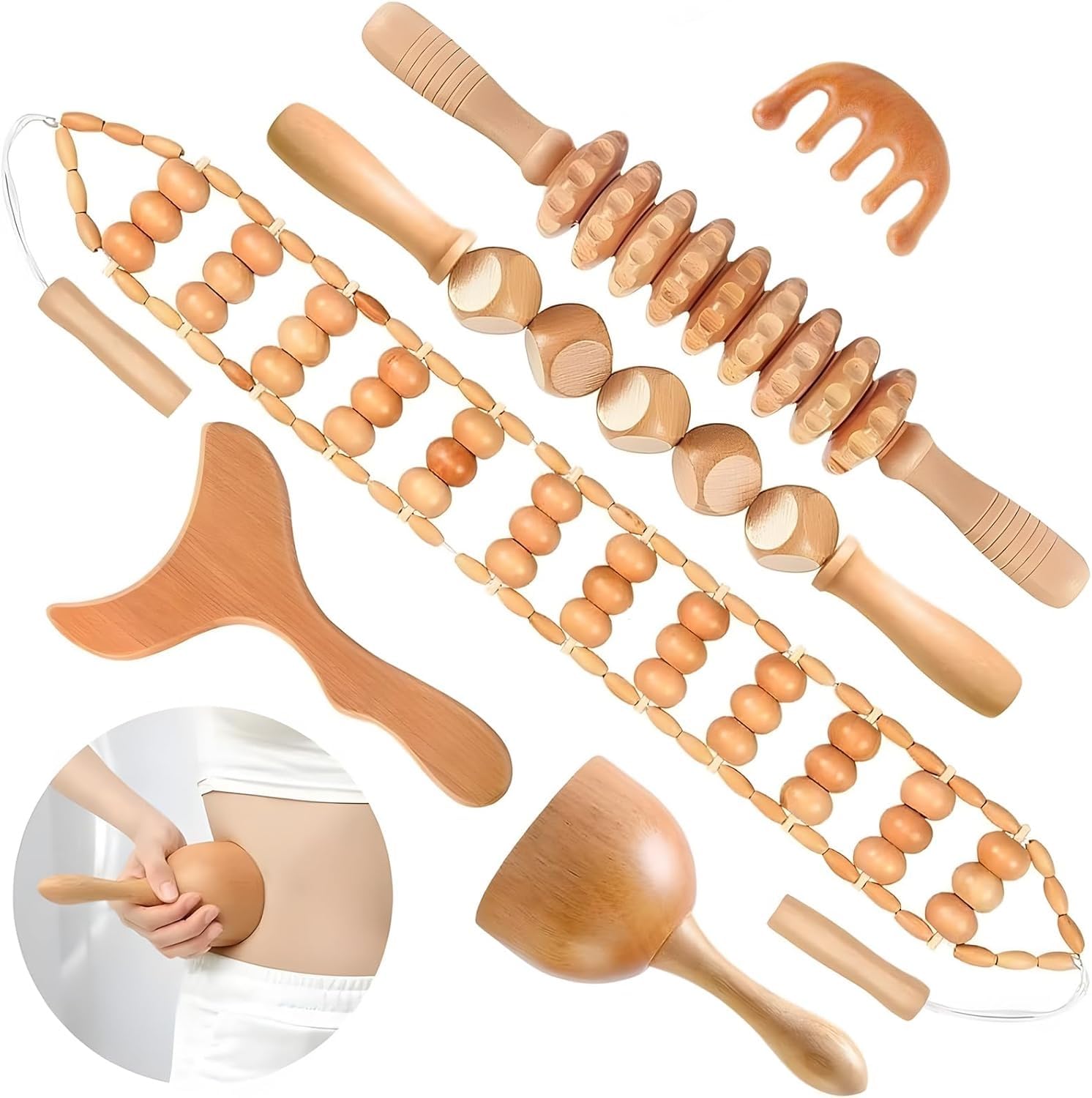 Ensemble d'outils de massage en bois 6 en 1 professionnel complet Maderoterapia Rouleau de massage Gua Sha Kit de massage fascia Rouleau Outils de sculpture du corps pour façonner le corps Soulagement