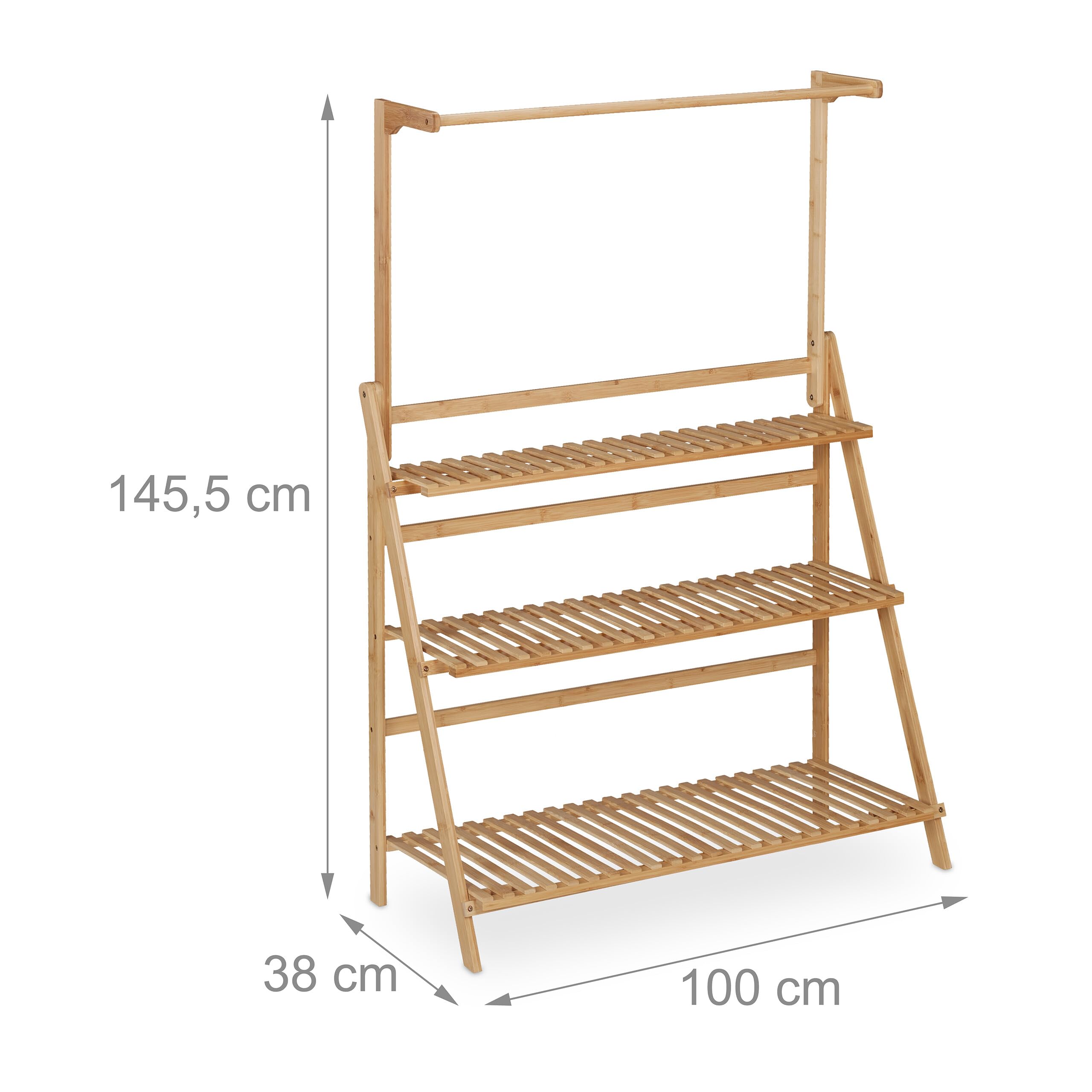 Relaxdays Scaffale Portafiori, Portavasi con 3 Ripiani e Barra di Sospensione, 145,5x100x38 cm Bambù Pieghevole, Marrone