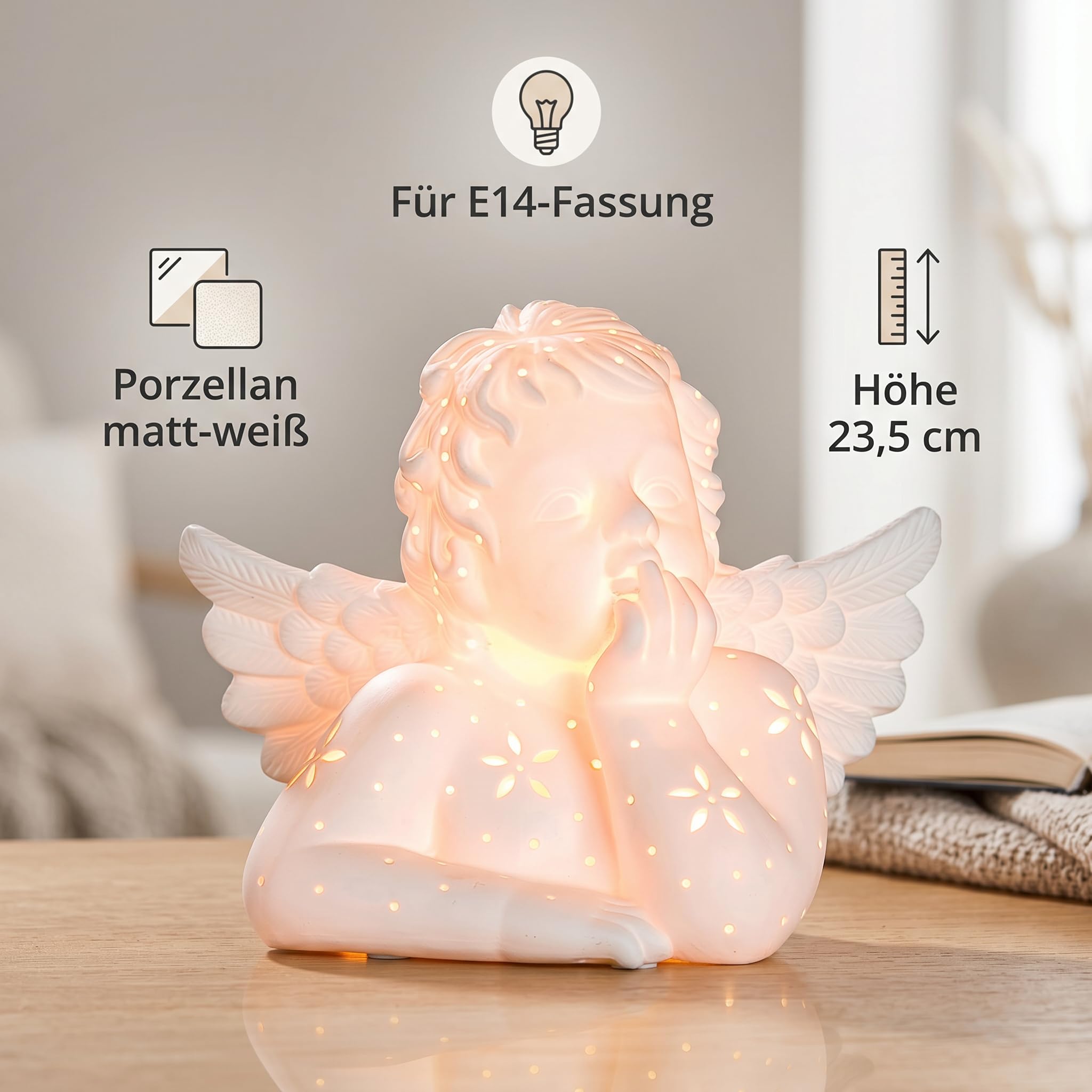 GILDE Leuchtfigur Engel Raffael - Porzellan, beleuchtet, H 23,5 cm
