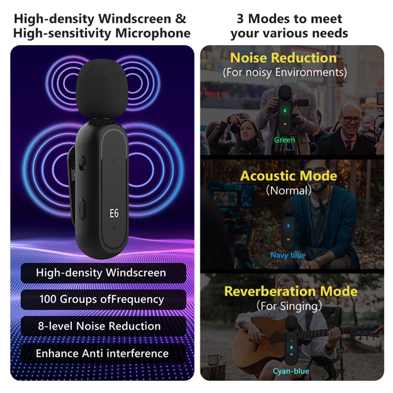 Bezprzewodowy mikrofon krawatowy typu C i iOS 2,4 GHz bezprzewodowy mikrofon do smartfona z etui do ładowania, redukcja szumów, tryb akustyczny i pogłosowy do nagrywania wideo na żywo vlog (jeden mikro)