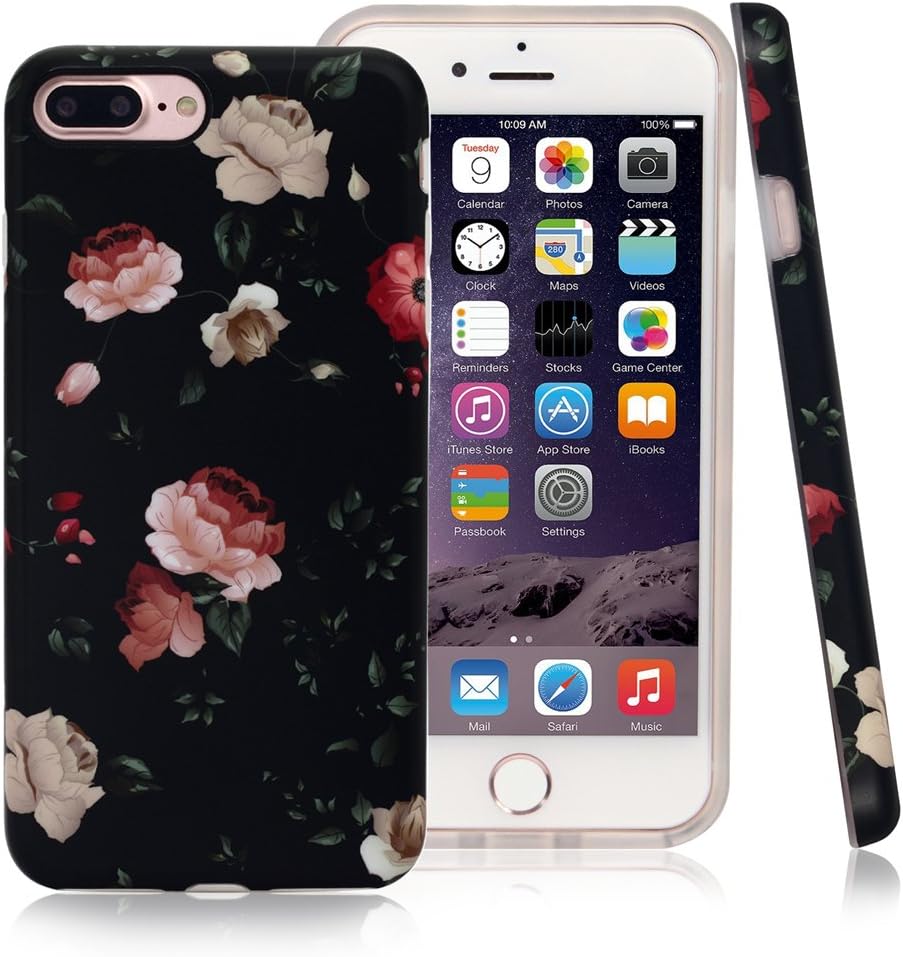 NASOUSA iPhone 7 Plus for Girls,Floral case,IMD Printing Slim-Fit Ultra-Thin Anti-Scratch Shock Proof Dust Proof Anti-Finger Print TPU Case for iPhone 8 Plus(5.5 inch)(Black Rose)