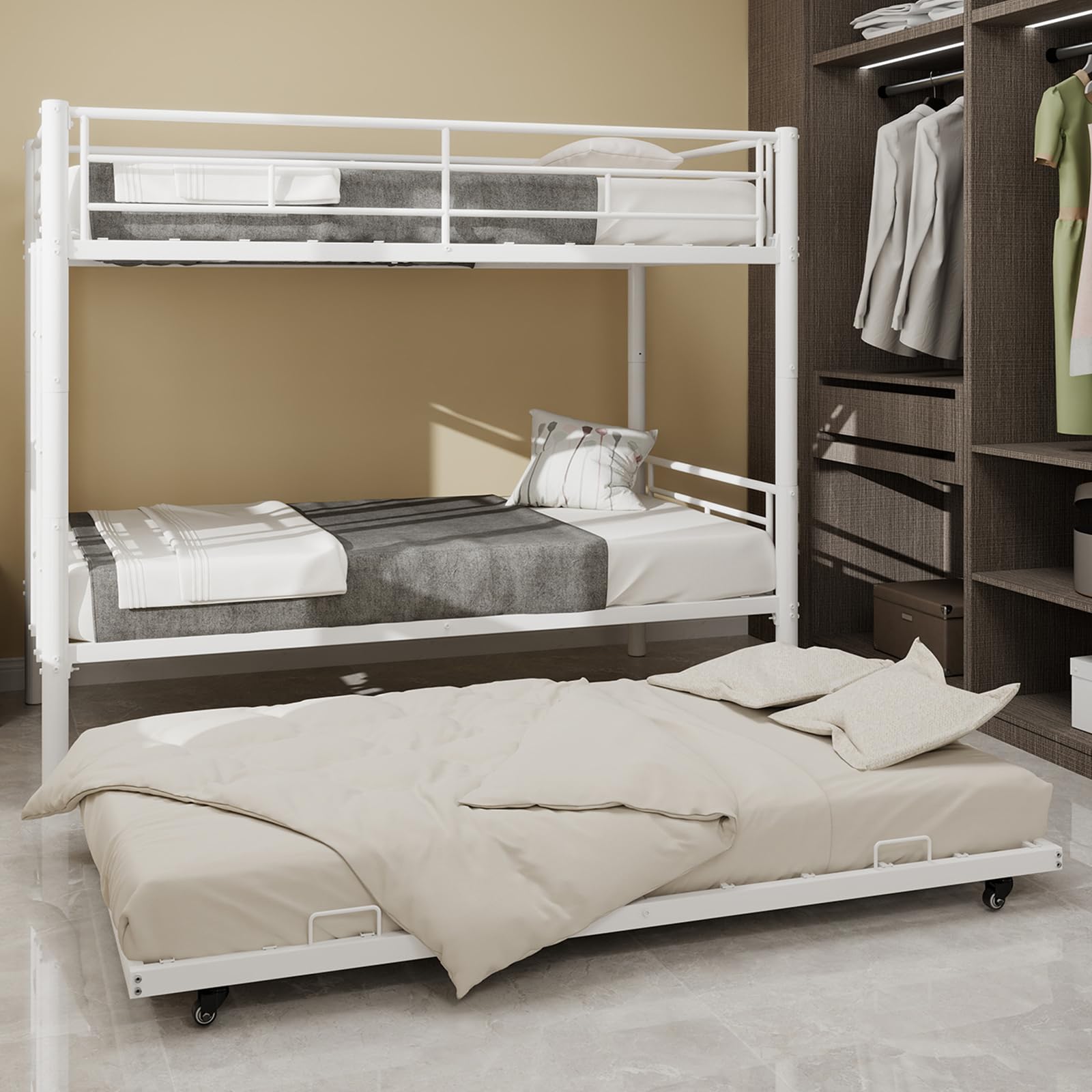 Lubvtti Letto a castello per bambini in metallo con letto estraibile,trasformabili in due letto singolo, letto per bambini 90x190 cm con scaletta e ringhiera (A-Bianco)