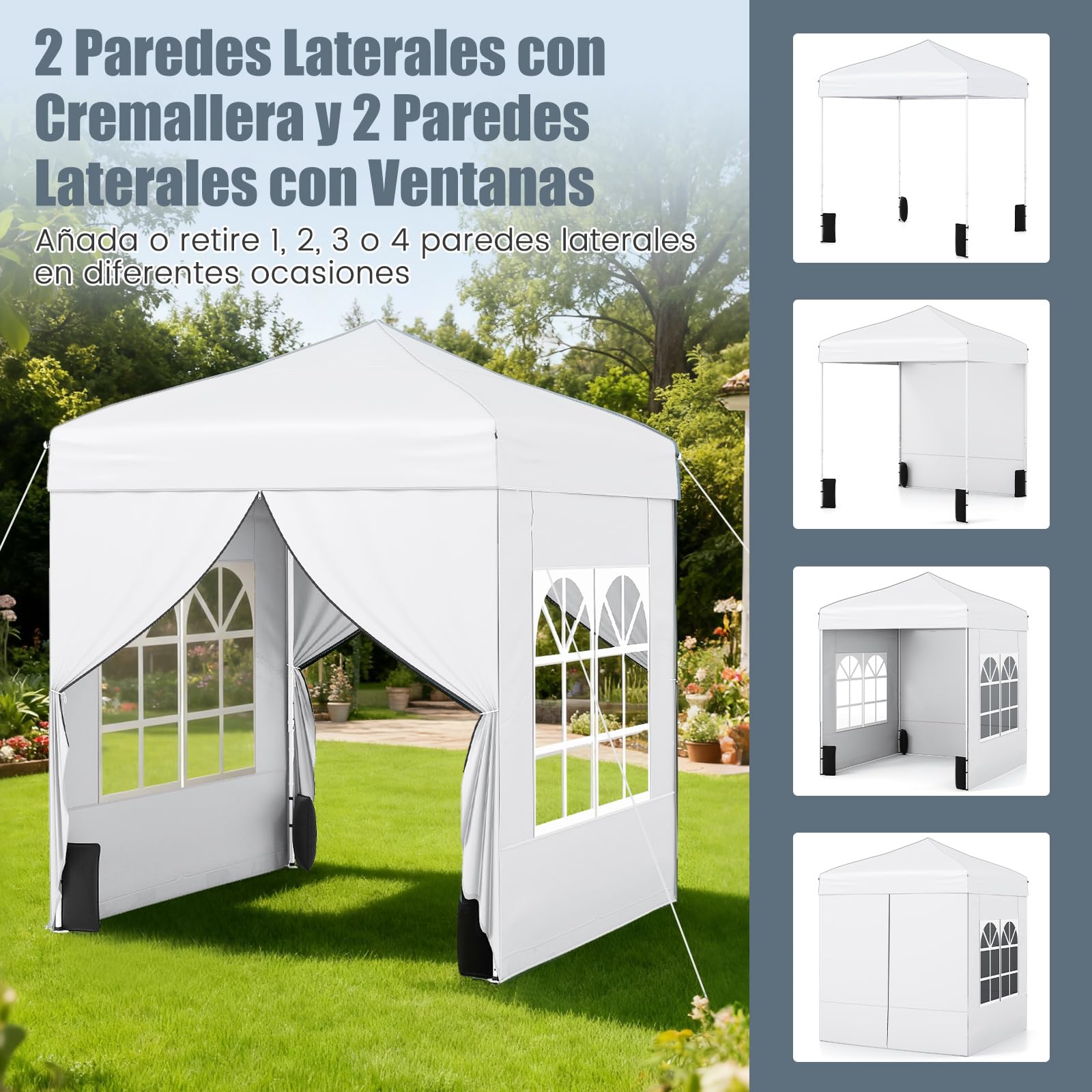 COSTWAY Carpa Plegable 2x2m, Pop up, Cenador de Jardín con 4 Paredes Laterales, Bolsa de Transporte, Pabellón Gazebo Exterior Patio Jardín Boda Fiesas Terraza Playa (Blanco)