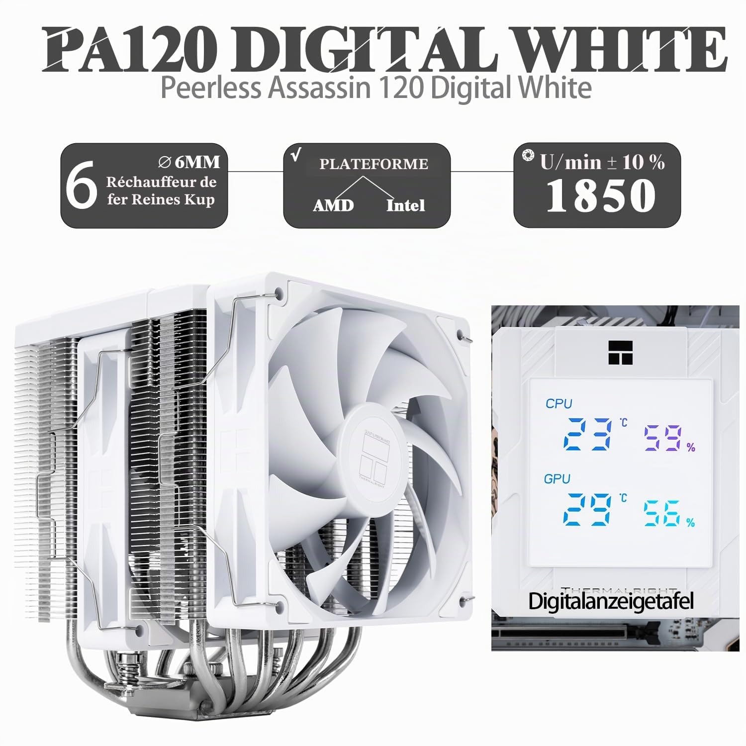 TR-Thermalright Peerless Assassin 120 Digital White CPU-Kühler, Double Tower mit 6 Heatpipes, Dual 120mm PWM Lüfter-1850RPM,Digital Display Board Top Cover, für AM5/AM4,Intel LGA1851/1700/1200/115x