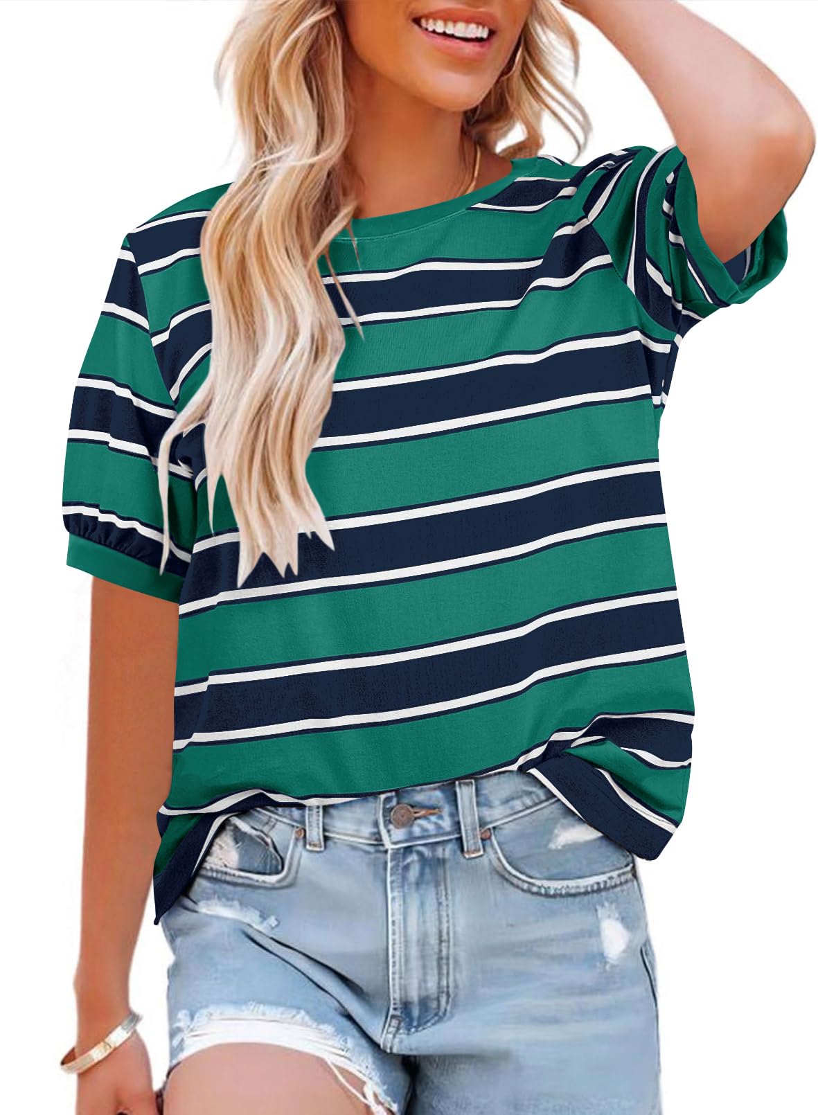 Womens Tops Cotton Casual Color Block Striped Short Sleeve Shirts Crewneck T Shirts Loose Basic Tee Blouses