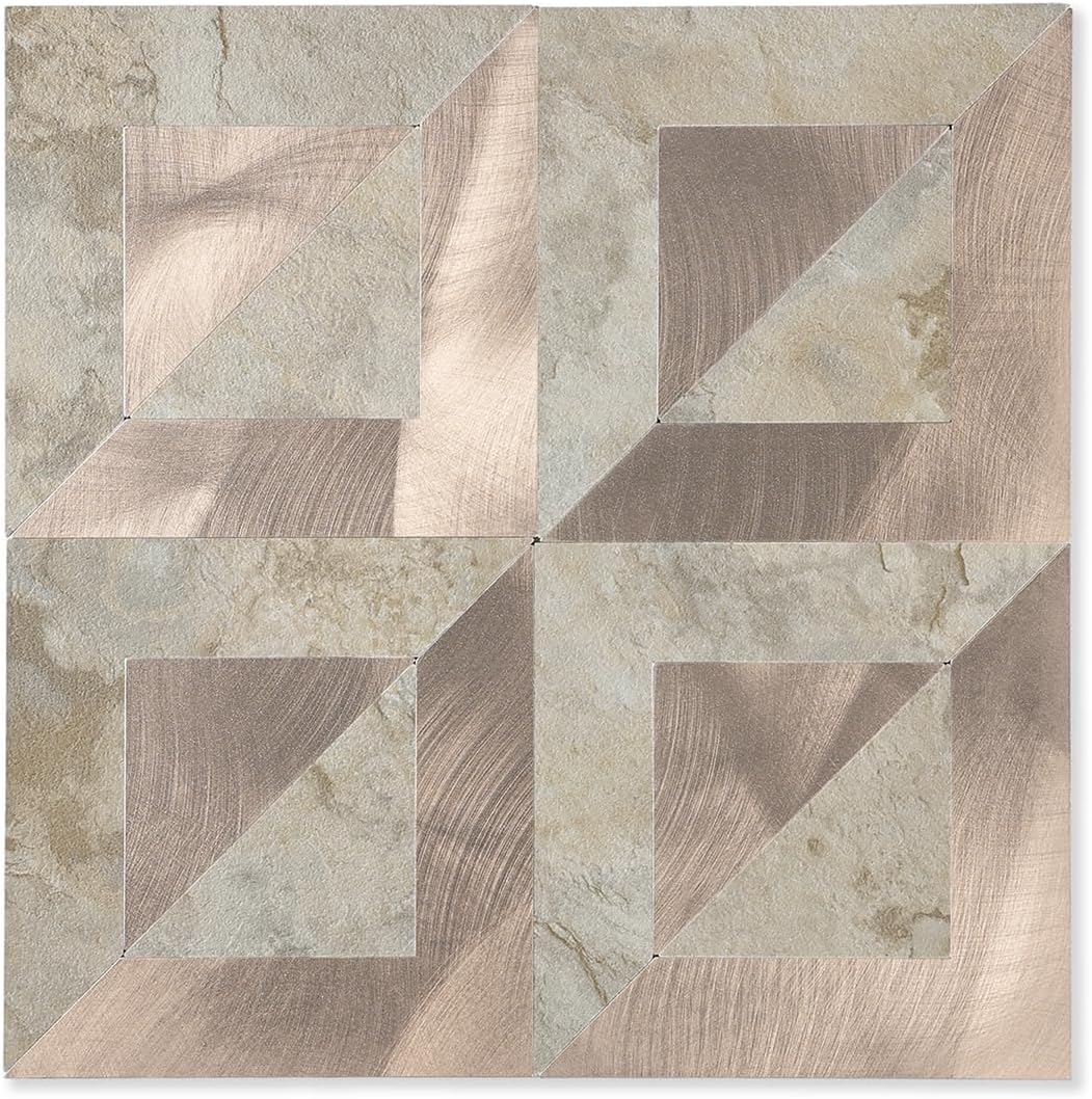 10-Sheets Stunning 3D Visuals Peel and Stick Backsplash Mosaic Tiles, PVC Stone Texture Look,Heat Resistant Stick on Tiles for Kitchen Wall, Bathroom, Laundry Room(Beige Marble + Rose Gold)