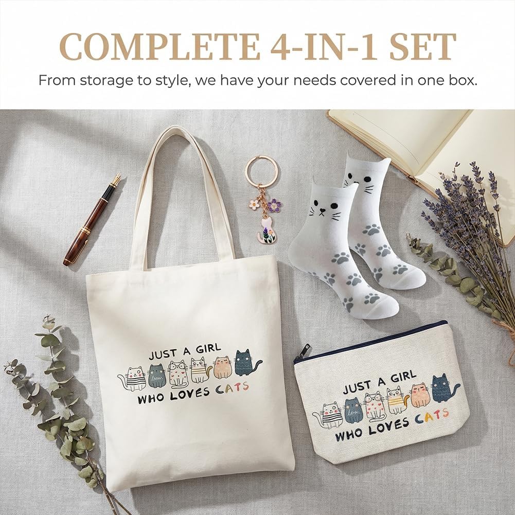 Set Regalo ：Borsa Tote Canvas, Borsetta per Trucco, Calzini & Braccialetto - Regalo per Donne, Ragazze