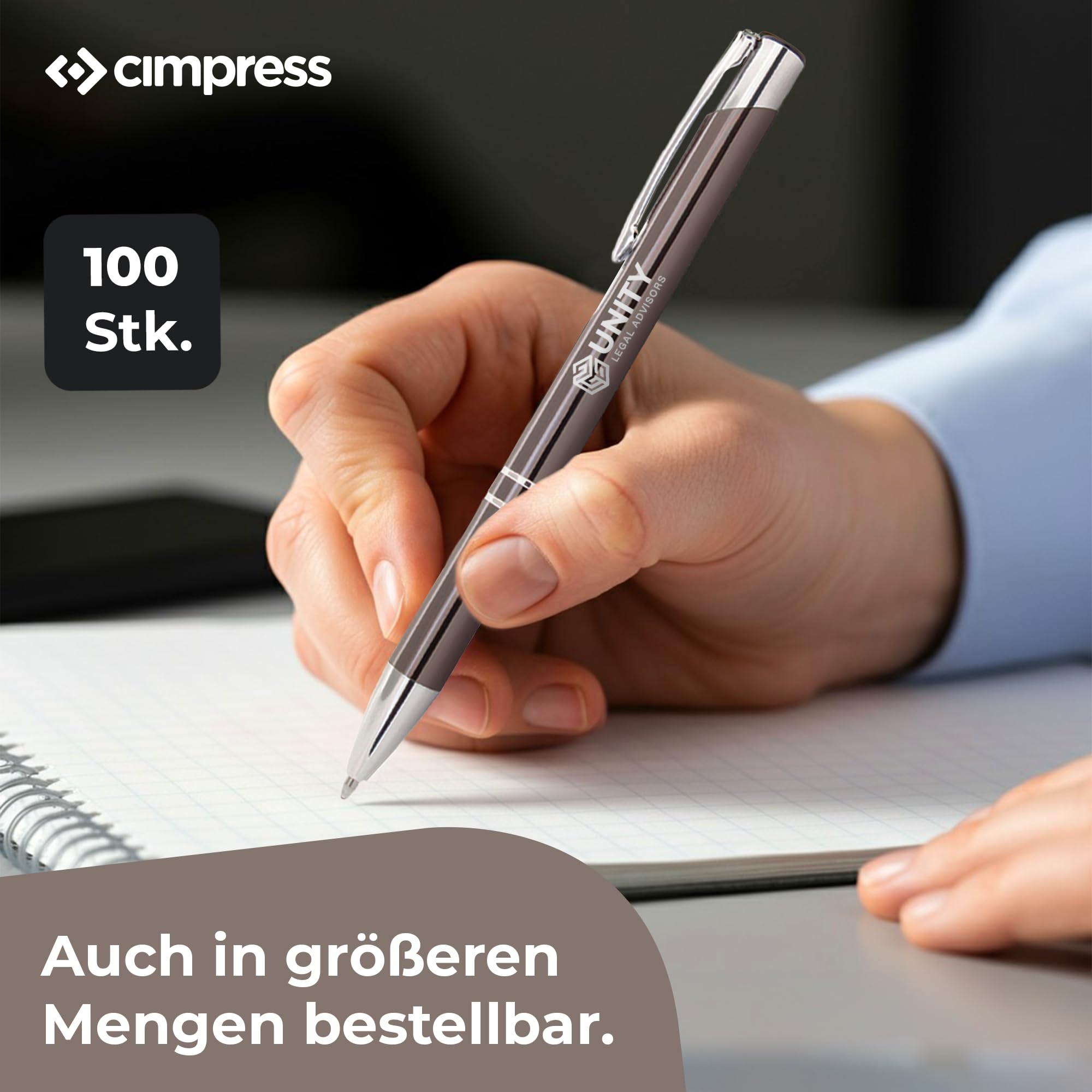 Cimpress Kugelschreiber mit Gravur, Aluminiumgehäuse, blaue Tinte, Personalisierter Stift mit Textgravur, ideal als Werbeartikel oder Firmengeschenk, 100 Stück, Dunkelgrau