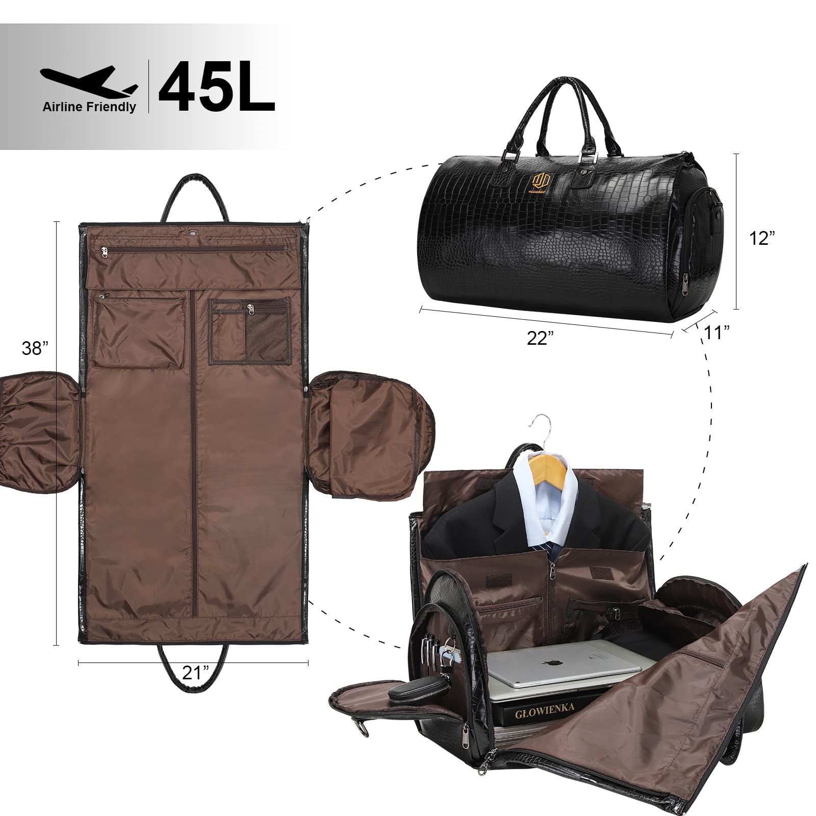 Modoker Umwandelbarer Kleidersack aus Leder, anthrazit/schwarz, Einheitsgröße, Umwandelbarer Kleidersack