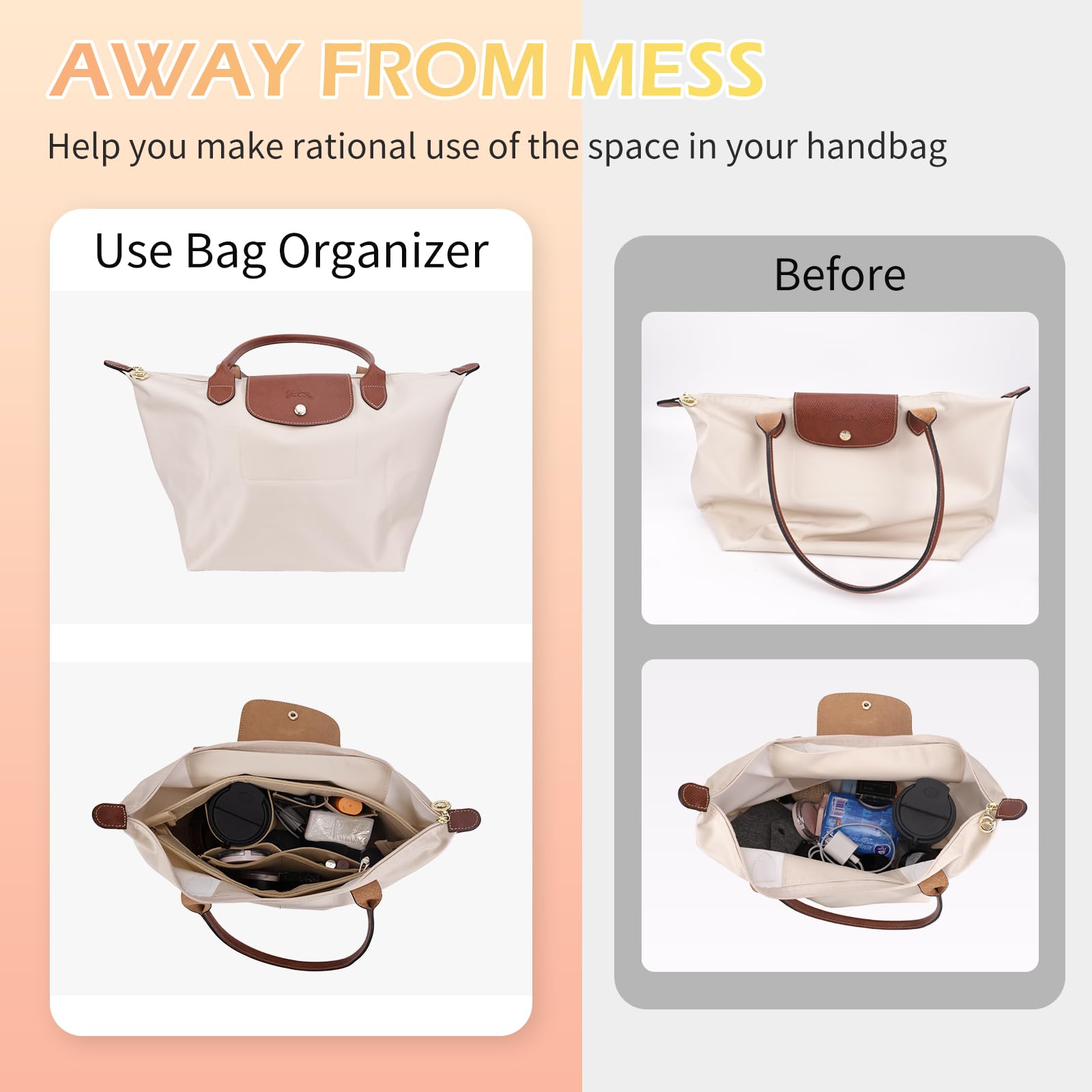 GADITIEK Inserto organizer per borse, in feltro, beige, grande, organizer per borsa Longchamp, organizer per borse Le Pliage grande, organizer per borse (beige, L)