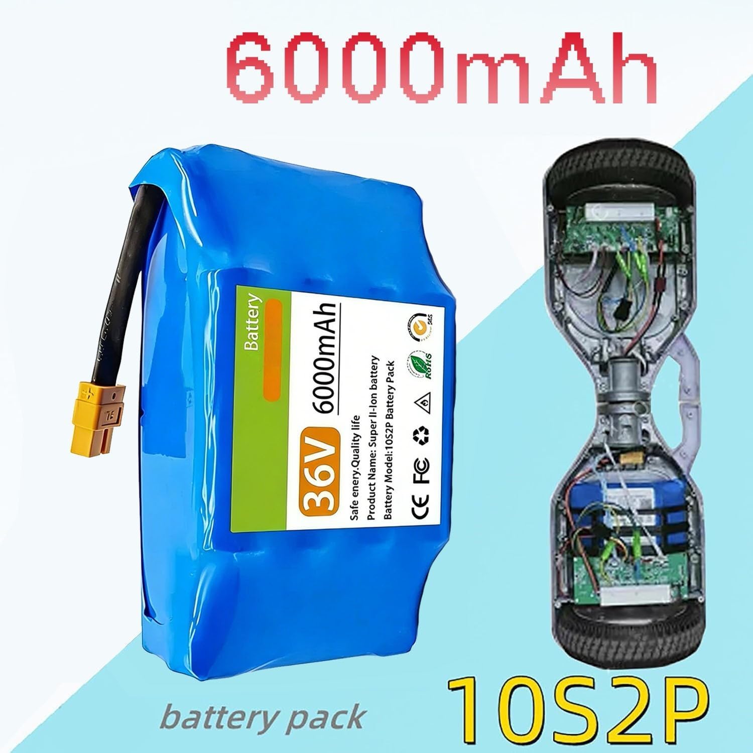 Batterie 36V 6Ah 10S2P pour Hoverboard Et Monocycle Électrique, avec Prise Intégrée Batterie de Remplacement pour Hoverboard Et Scooter Électrique.