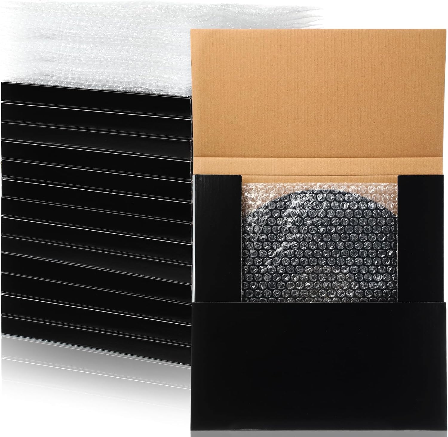Janlaugh 10 Sets Vinyl Record Mailers 12.6 x 12.6 x 1 Shipping Boxes Easy Fold Album Corrugated Cardboard Box with Fragile Stickers and Bubble Bags for Packing Shipping Moving Storage(Black)