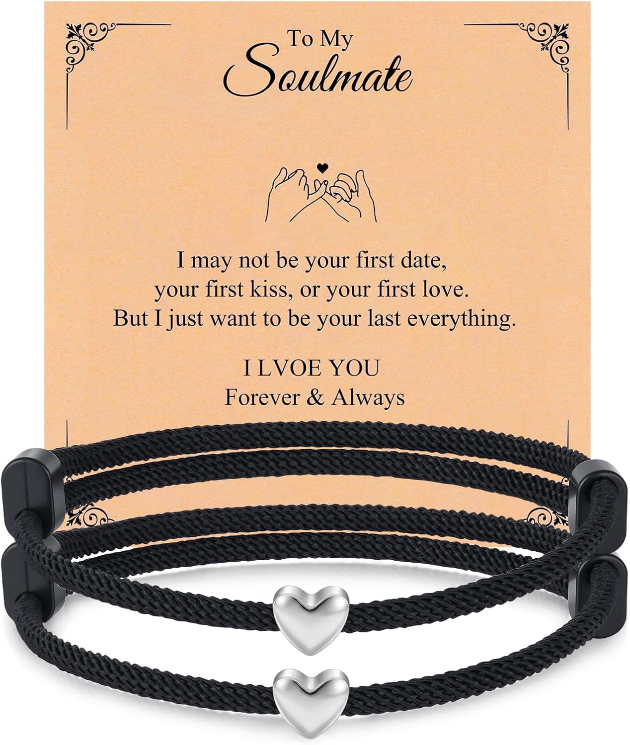 Matching Couple Bracelet Jewelry Gifts - 925 Sterling Silver 2Pcs Heart Love Adjustable Rope Romantic Present with Card for Girlfriend Boyfriend Wife Husband Christmas Valentine Anniversary Birthday