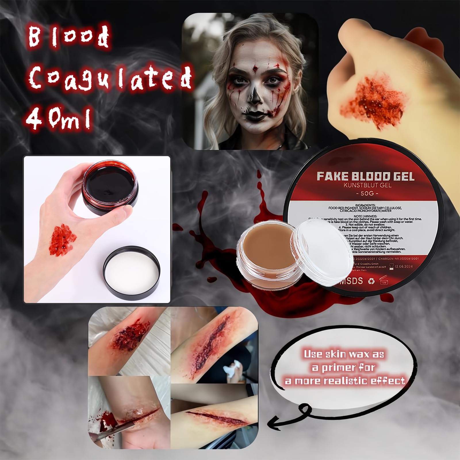 Sangue Finto Lavabile Halloween 60ml Spray 60ml Liquido 50g Coagulato, Cera Cicatriziale , 2x Denti di Vampiro, Set Trucco Effetti Speciali Trucchi Hallowen