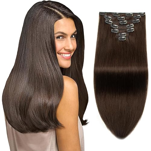 Clip in Hair Extensions Human Hair 100% Brazilian Virgin Human Hair 7pcs Per Set with 16Clips Double Weft (14 Inch 120g, #2 Dark Brown)