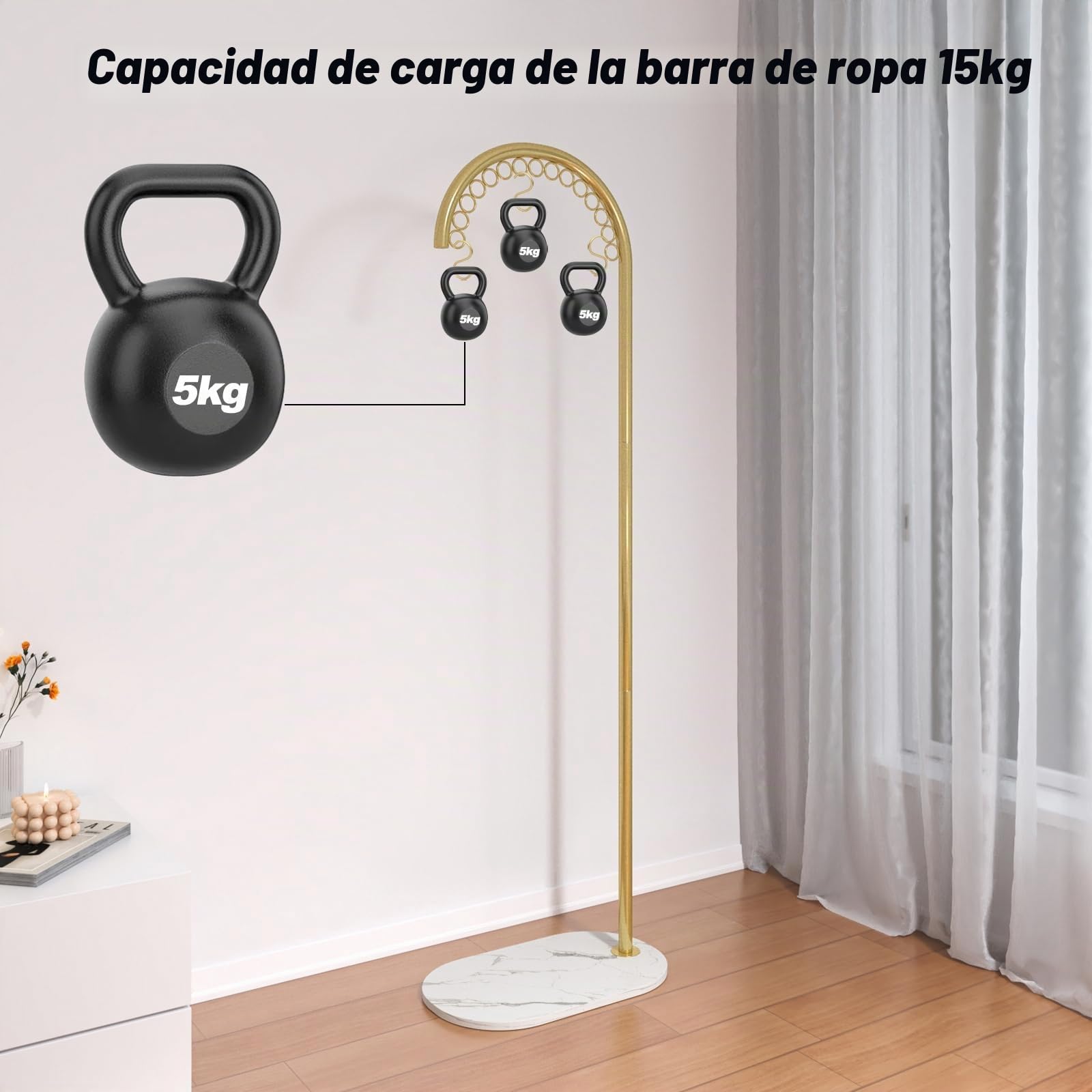 Perchero de Pie, Curvo Barra Burro Ropa Percha de Pie con 15 Redondos Ganchos y 3 S Forma Ganchos, Base de Mármol, Percheros de Pasillo para Recibidor y Dormitorio (Dorado, 50x30x162 cm)