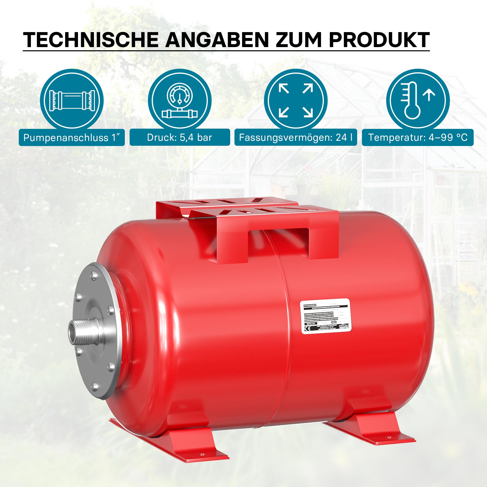 Wiltec Ausdehnungsgefäß 24 Liter, Membrankessel für Hauswasserwerke und Druckerhöhungsanlagen mit EPDM Membran
