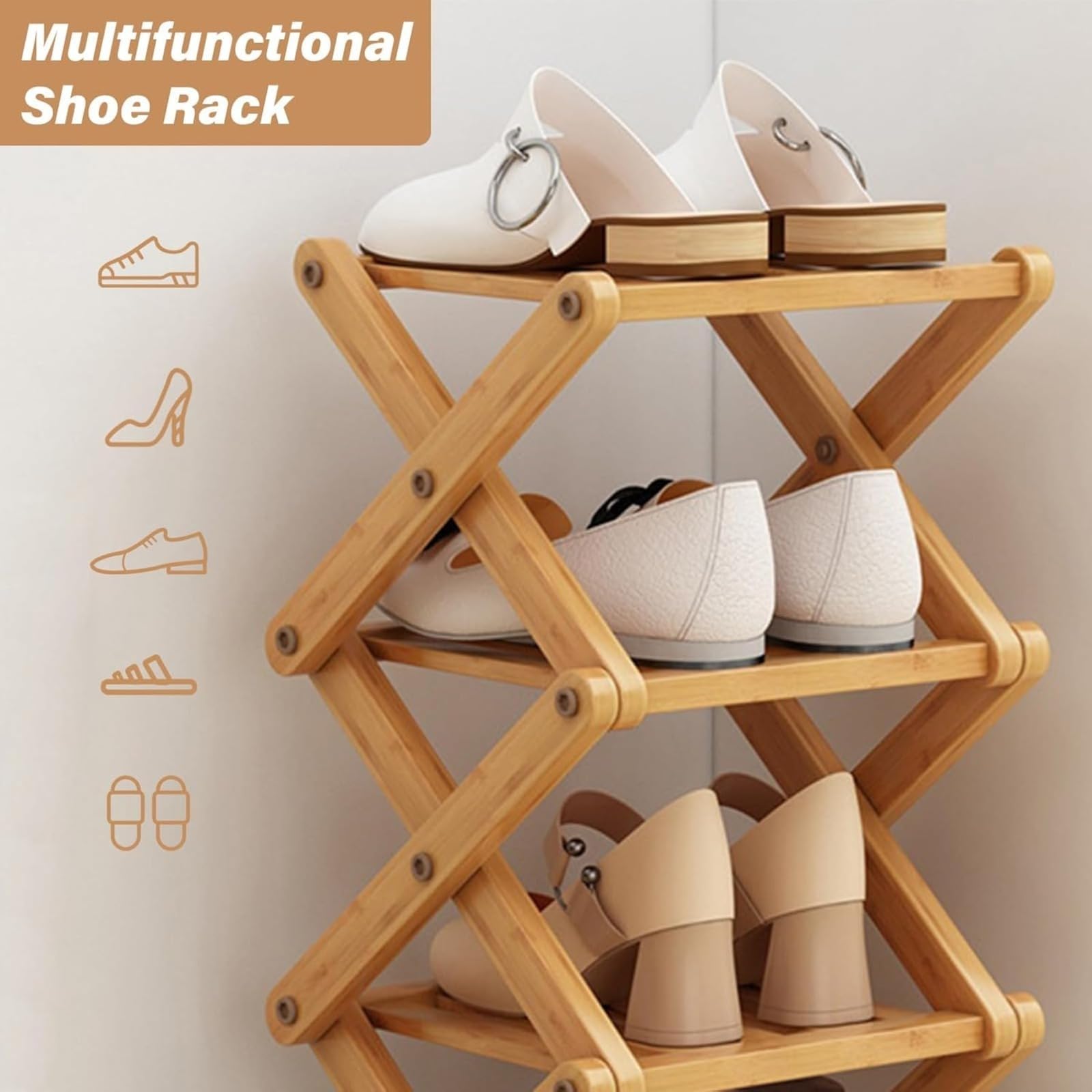 Zapatero Plegable pequeño, Zapatero Vertical Estrecho y Alto, Estantería Plegable de Bambú para Zapatos, Estanteria para Entrada, Armario, Dormitorio, Pasillo Natural, Funcional, Multifuncional