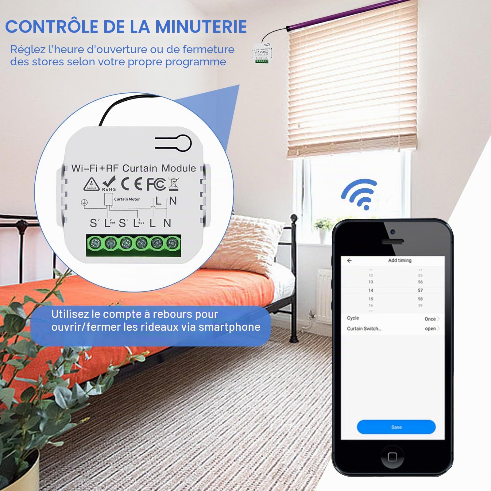 Kit de commande de volet roulant sans fil, télécommande avec module WIFI-RF et module de récepteur, interrupteur sans fil pour volets roulants, stores, application Wi-Fi Tuya compatible avec