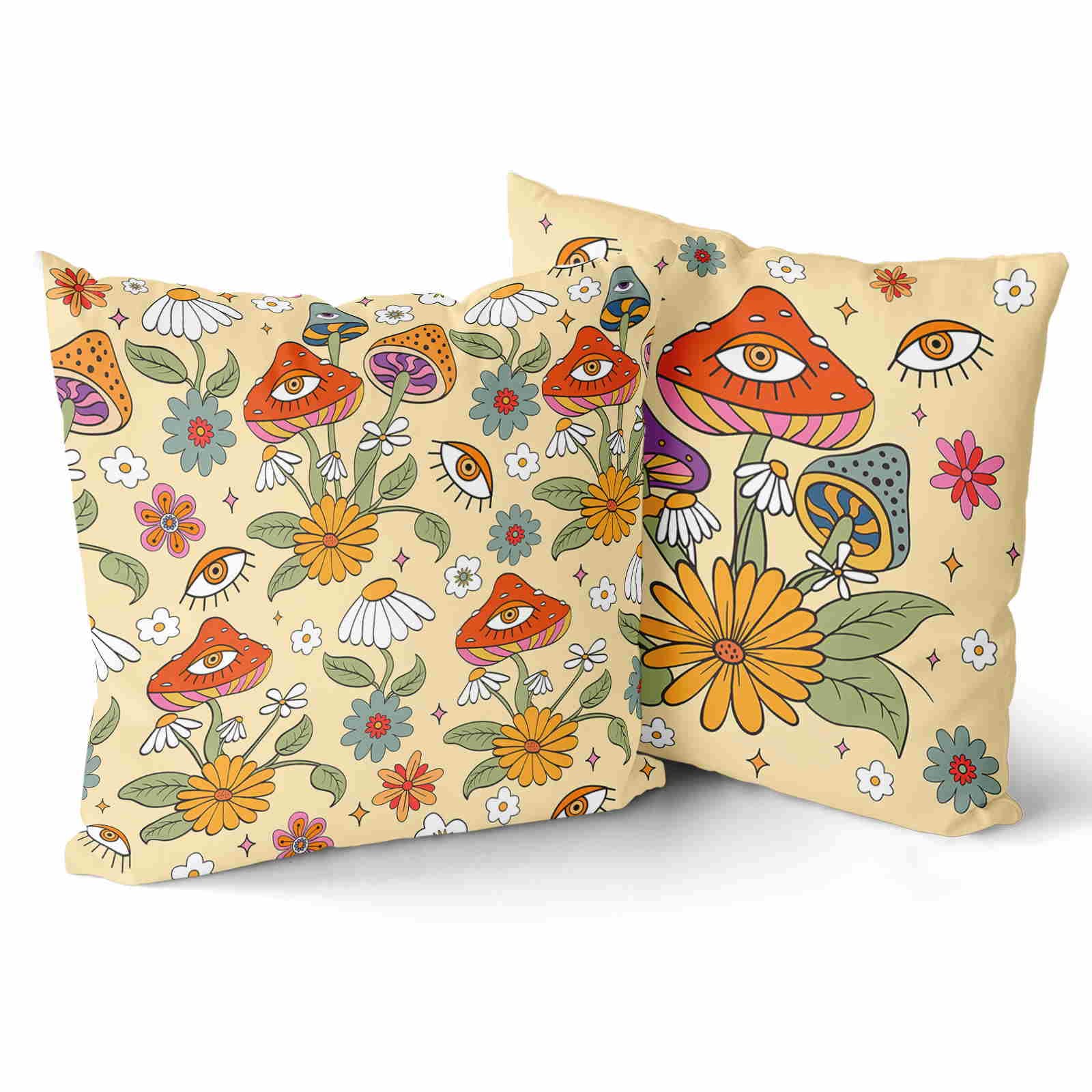 Retro Mushroom Pillow Covers Boho Throw Pillow Covers 18x18 Cottage Core Room Decor Floral Pillow Cases for Bedroom Couch Living Room Set of 2
