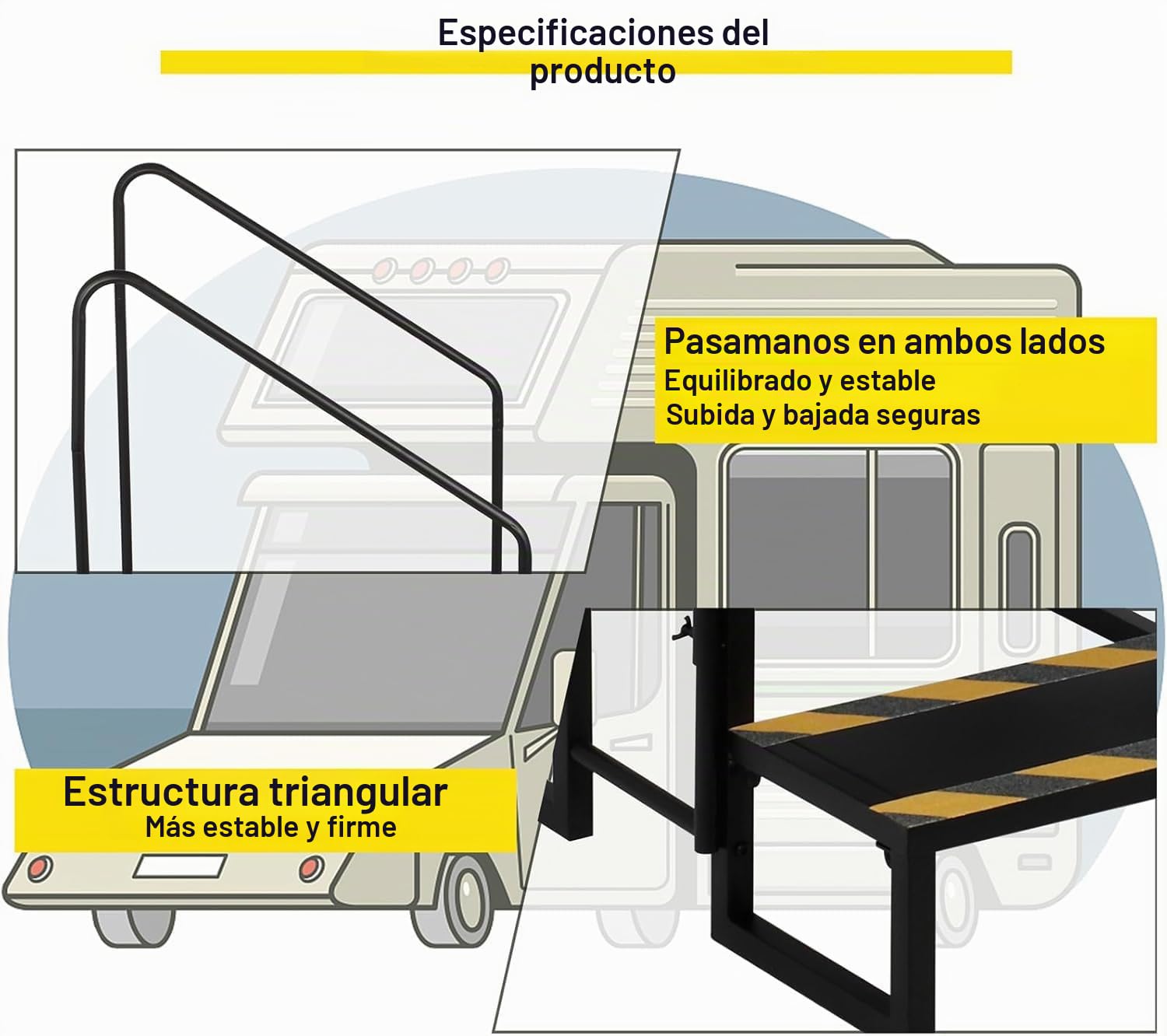 Escalera de 3 peldaños para autocaravana, capacidad de carga de 200 kg, con 2 pasamanos, taburete antideslizante, para remolques de viaje