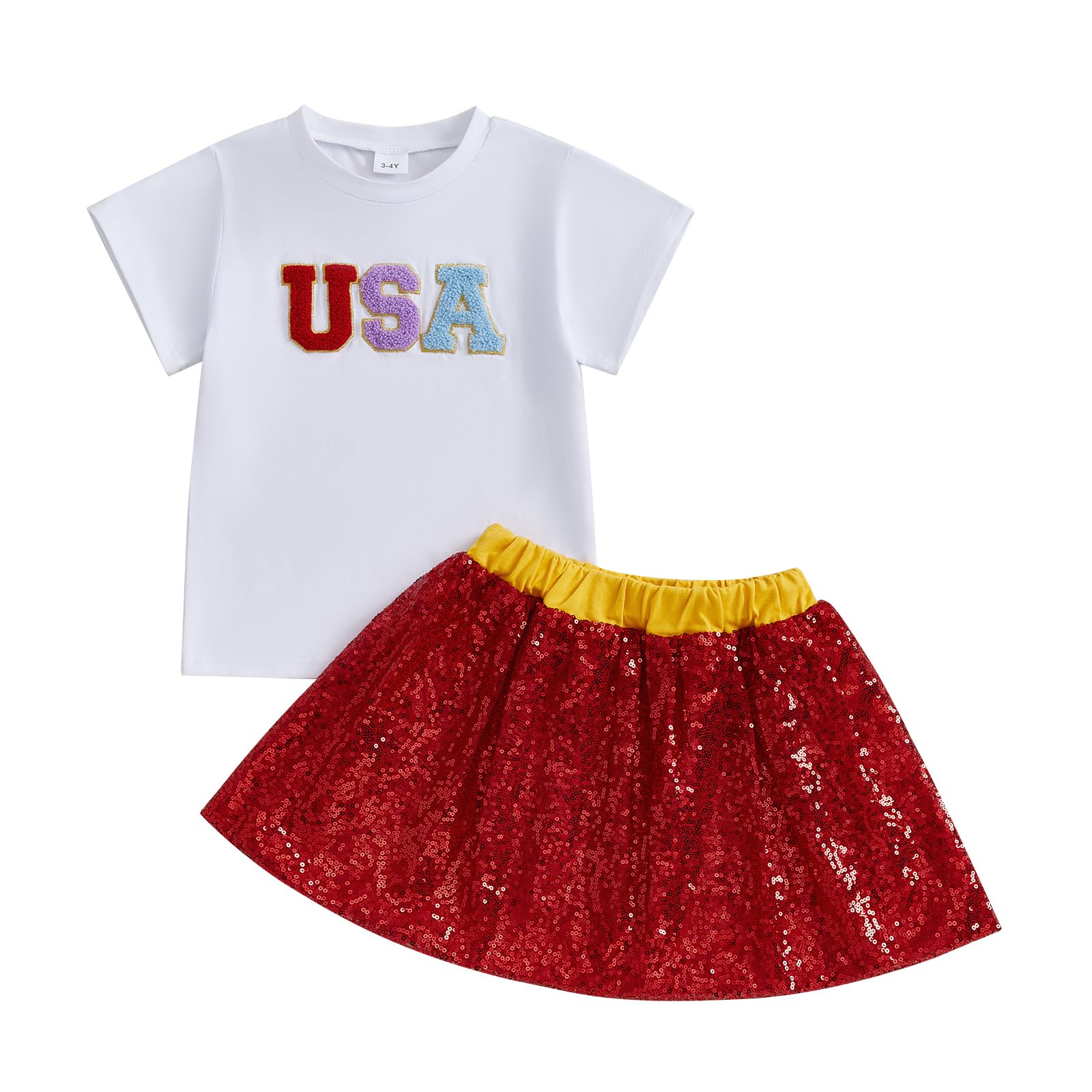 KnniMorning TEES Little Girl 4th Of July Skirts Set USA T-shirt And Sequins A-Line Skirt Toddler Girls Fourth Of July Outfits (White, 4-5T)