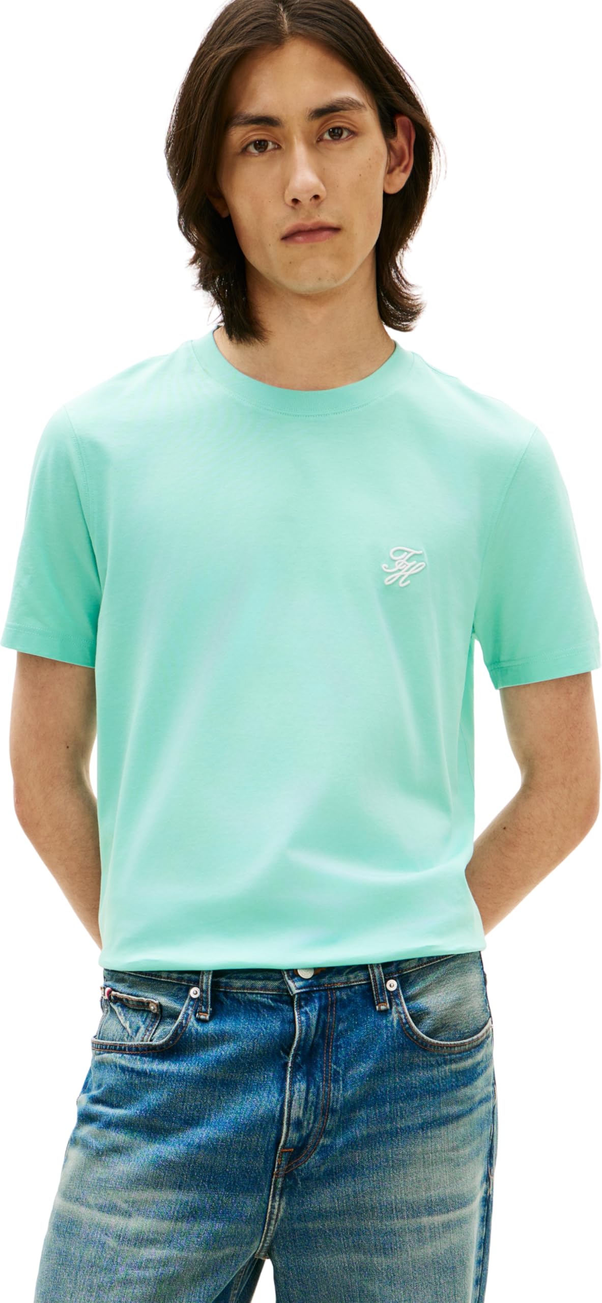 Tommy Hilfiger Herren T-Shirt Kurzarm Script Monogram aus Baumwolle, Türkis (Arctic Aqua), L