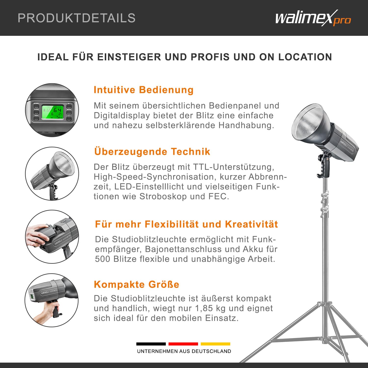 Walimex pro Mover 400 TTL Fotostudio-Blitzlicht 400 W 1/10000 s Schwarz, Grau - Fotostudio-Blitzlichter, Akkublitz Mover 400 TTL