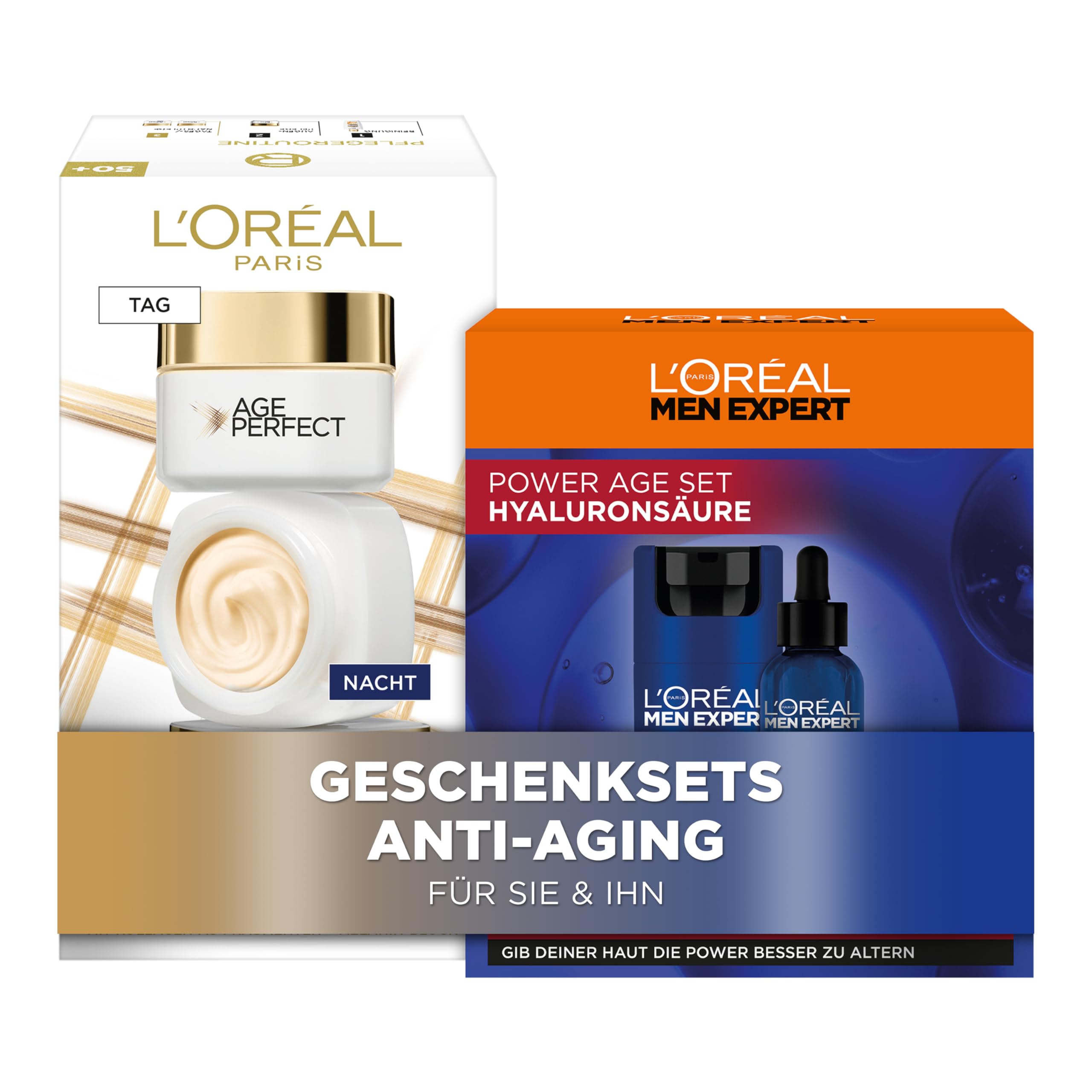 L'Oréal Paris Pflegesets für sie & ihn, Gesichtspflege-Sets mit 2x Gesichtscreme, Nachtcreme und Serum, Anti-Aging Geschenke für Damen und Herren, Age Perfect Pro-Kollagen Experte, Power Age, 4-teilig