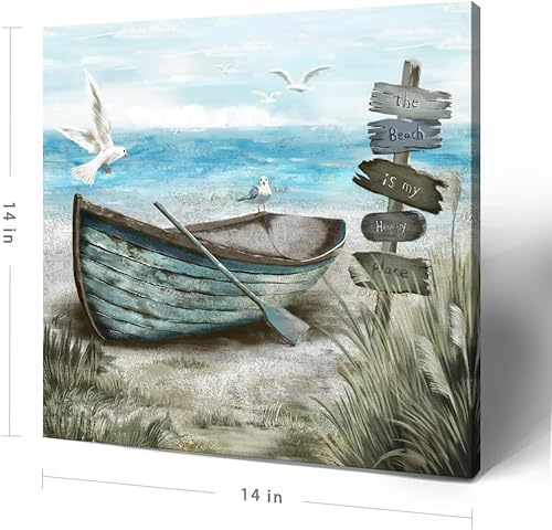 Miniatura 3 de Arte de pared para baño, decoración costera, barco náutico en la playa, lienzo con imagen de gaviota del océano, paisaje marino, arte de granja para