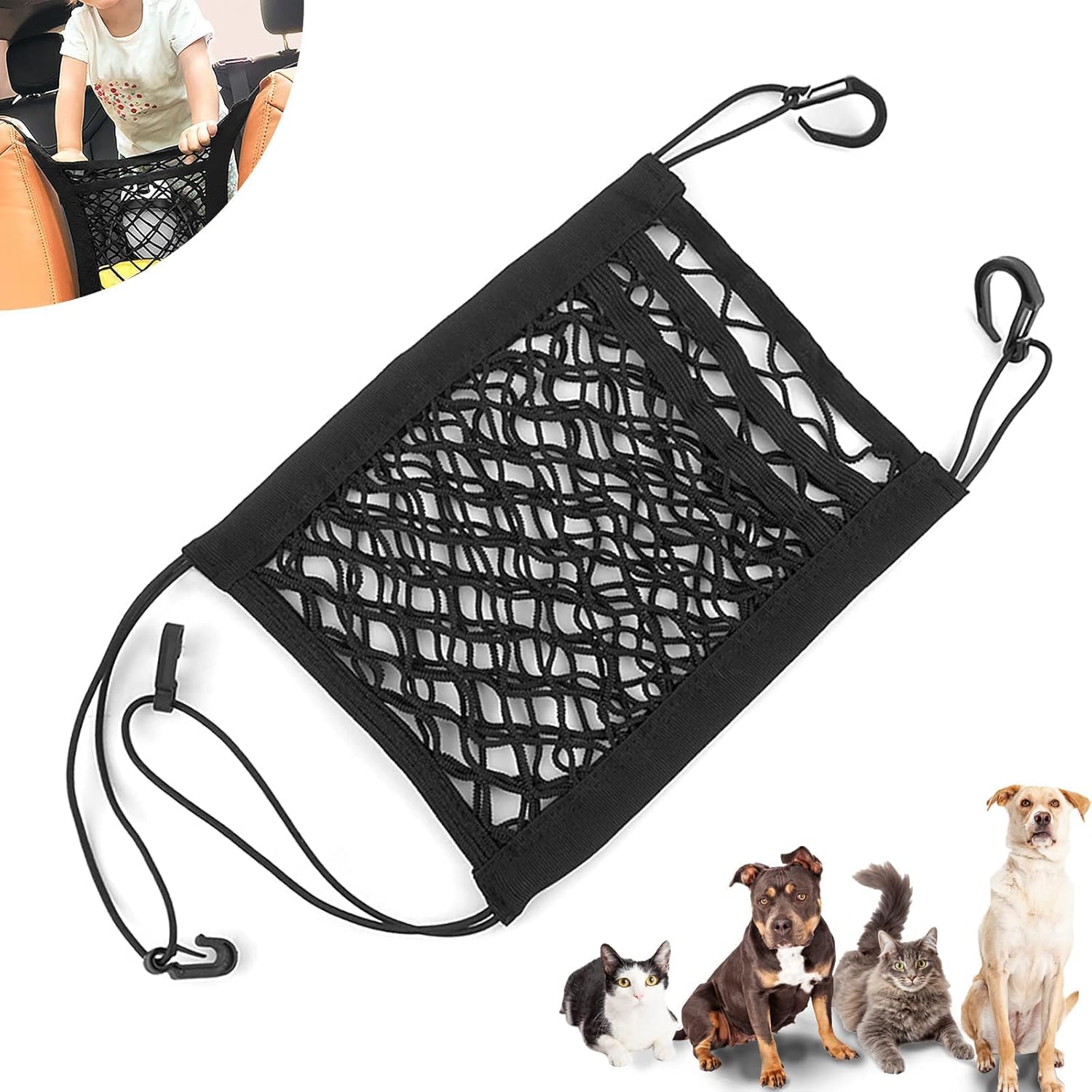 3 Layer Car Mesh Organizer,Cargo Tissue Purse Holder, Driver Storage Netting Pouch,Car Net Pocket Handbag Holder Between Seats,Four Side Elasticity Car Purse Net for Backseat Kids Dogs or Pets Image
