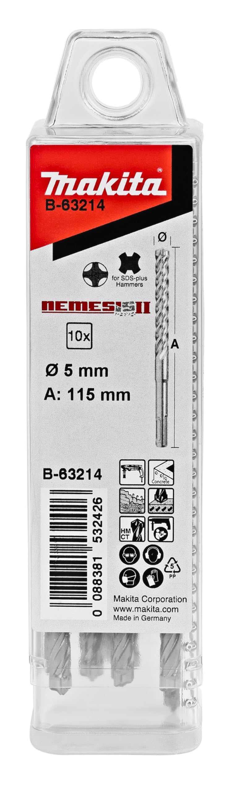 Makita B-63214 NEMESIS2 SDS-PLUS wiertło udarowe 5,0 x 115 mm 10 sztuk, idealne do betonu, żelbetu, muru