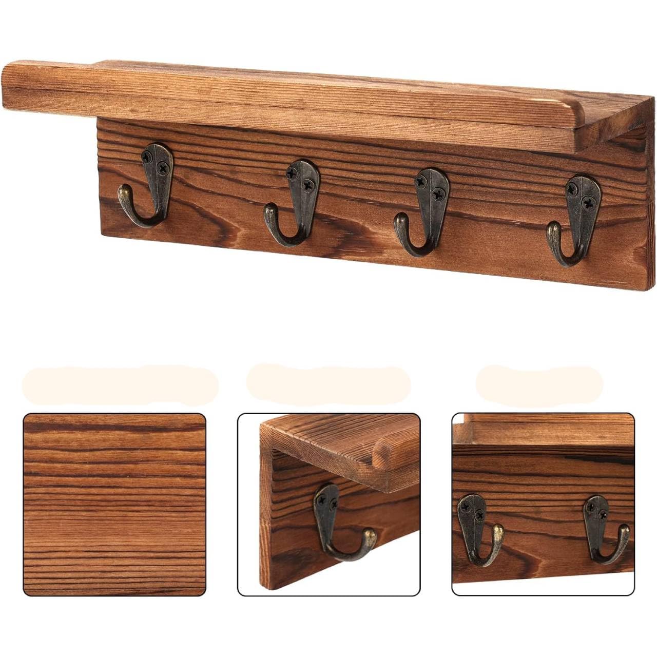 Rustic Wooden Key Holder Wall Mounted with Mail Holder & 4 Hooks – Farmhouse Entryway Key Rack & Wall Shelf Organizer for Keys, Letters & Mail (Brown - Pine)