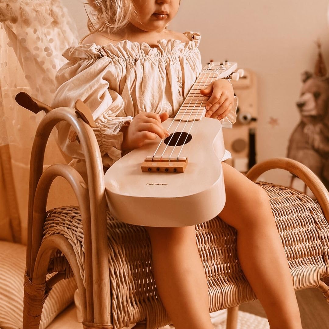 Mamabrum Guitarra Juguete Madera para Niños - Ukelele Musical Infantil con 4 Cuerdas, Estimula el Oído y Desarrollo Musical - Instrumento Rosa 52cm para Juego Roles