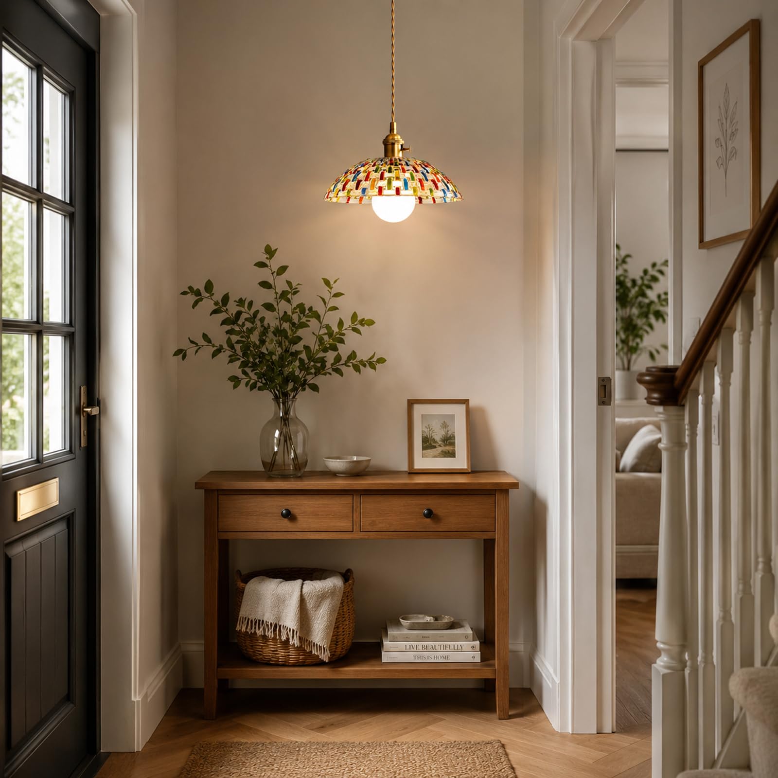 Lampada a Sospensione con Paralume in Vetro Mosaico Dipinto a Mano, Lampadario Sospesa da Soffitto Vintage E27 con Interruttore per Cucina Soggiorno e Sala da Pranzo (30cm)