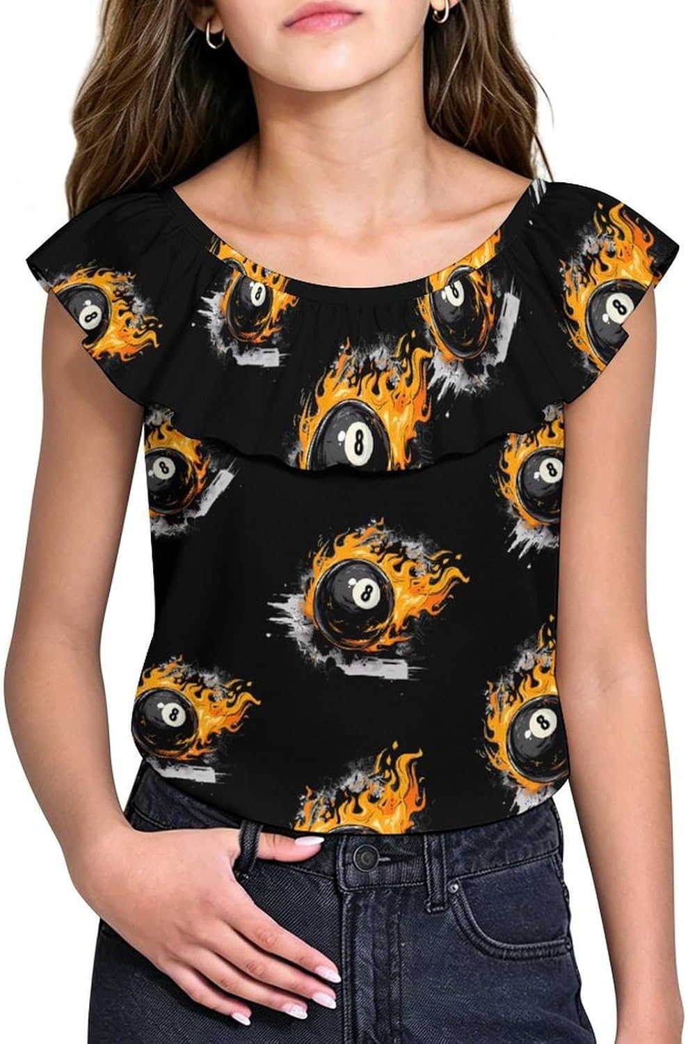 Graffiti 8 Ball Billiards with Flames Girls T-Shirts Top Ruffle Short Sleeve Blouse Casual Graphic Tees